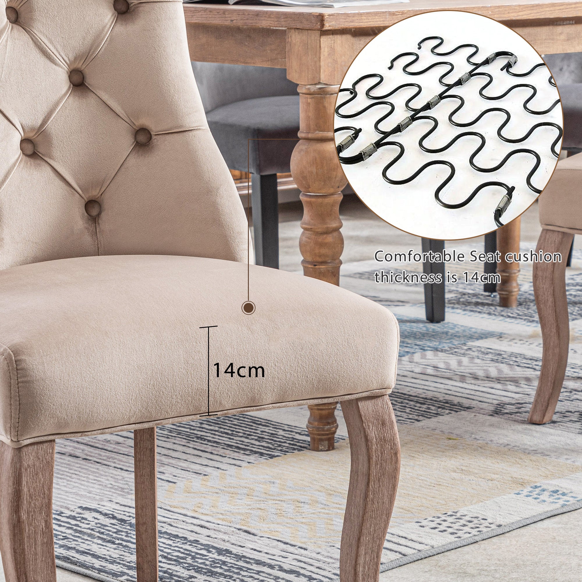Dining Chair, 4-Legged High Back with Button Stitching (Set of 6), Beige Velvet