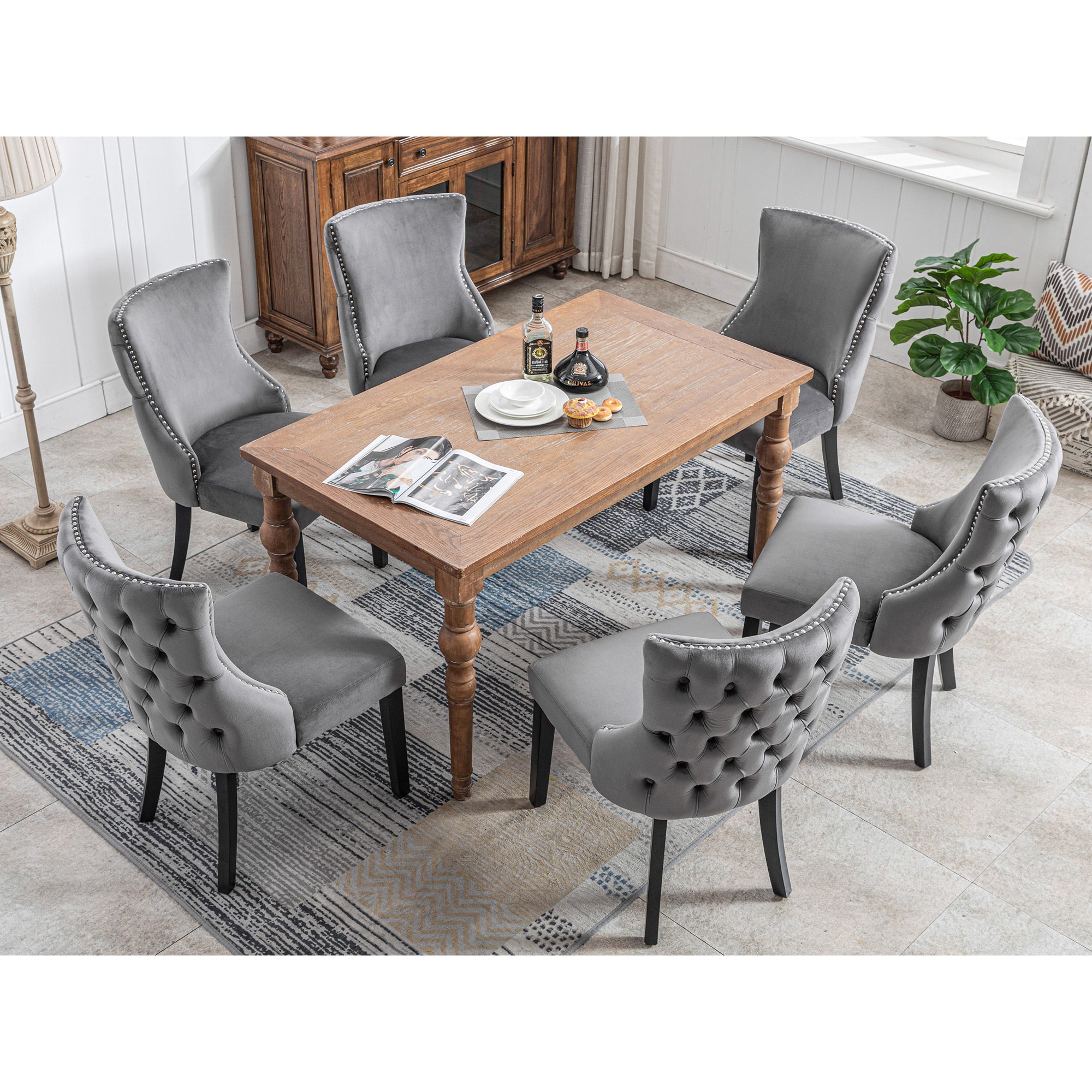 Dining Chair, 4-Legged Velvet with Button Stitching & Solid Wood Frame, Gray (Set of 6)
