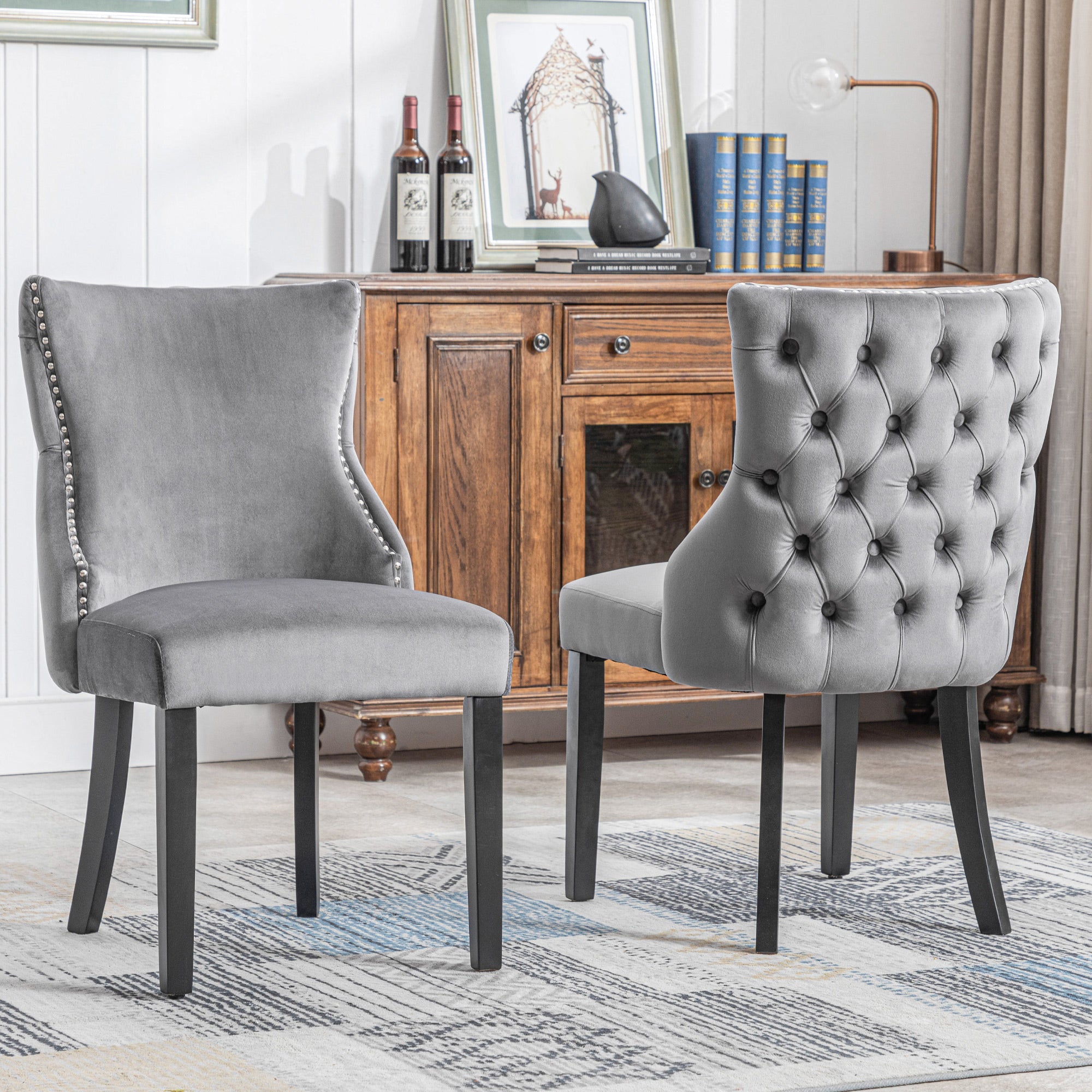 Dining Chair, 4-Legged Velvet with Button Stitching & Solid Wood Frame, Gray (Set of 6)
