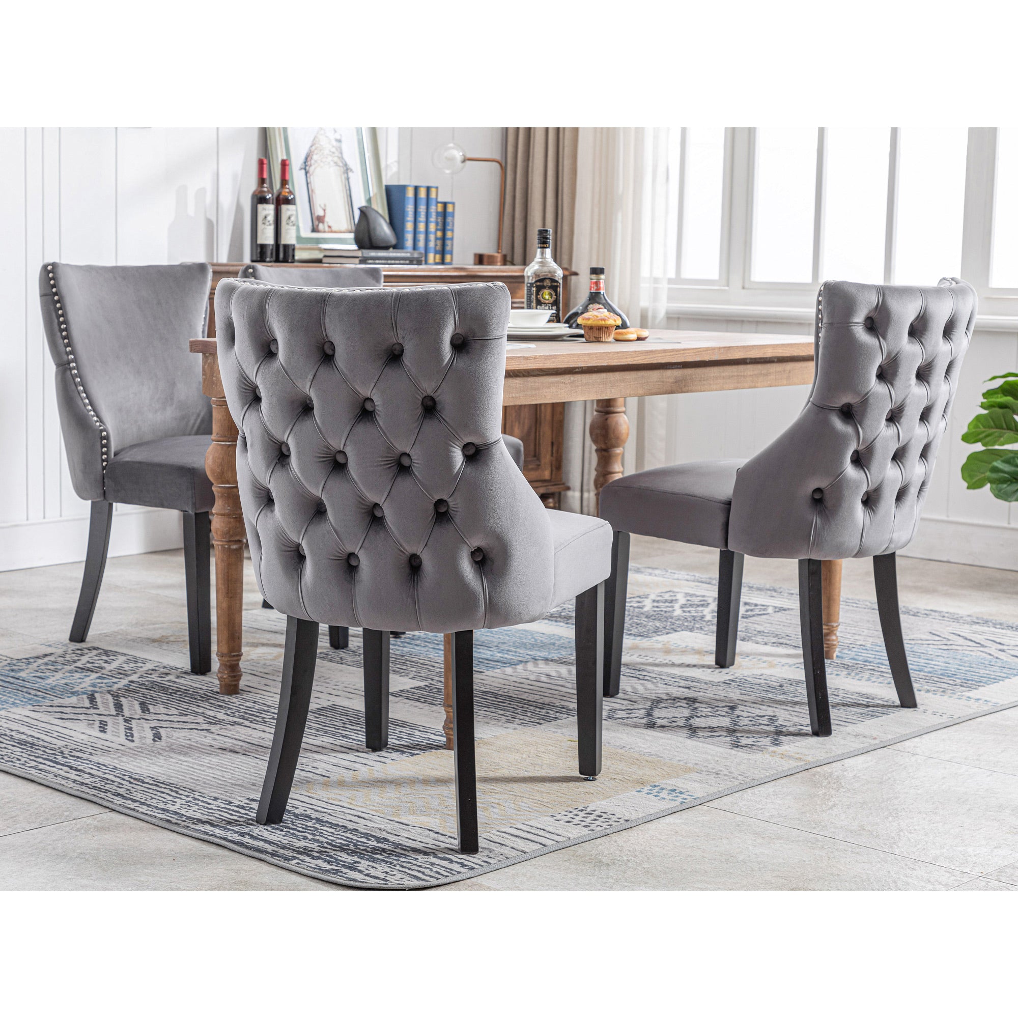 Chair (Set of 4), 4-Legged Dining with Button Stitching, Gray Velvet