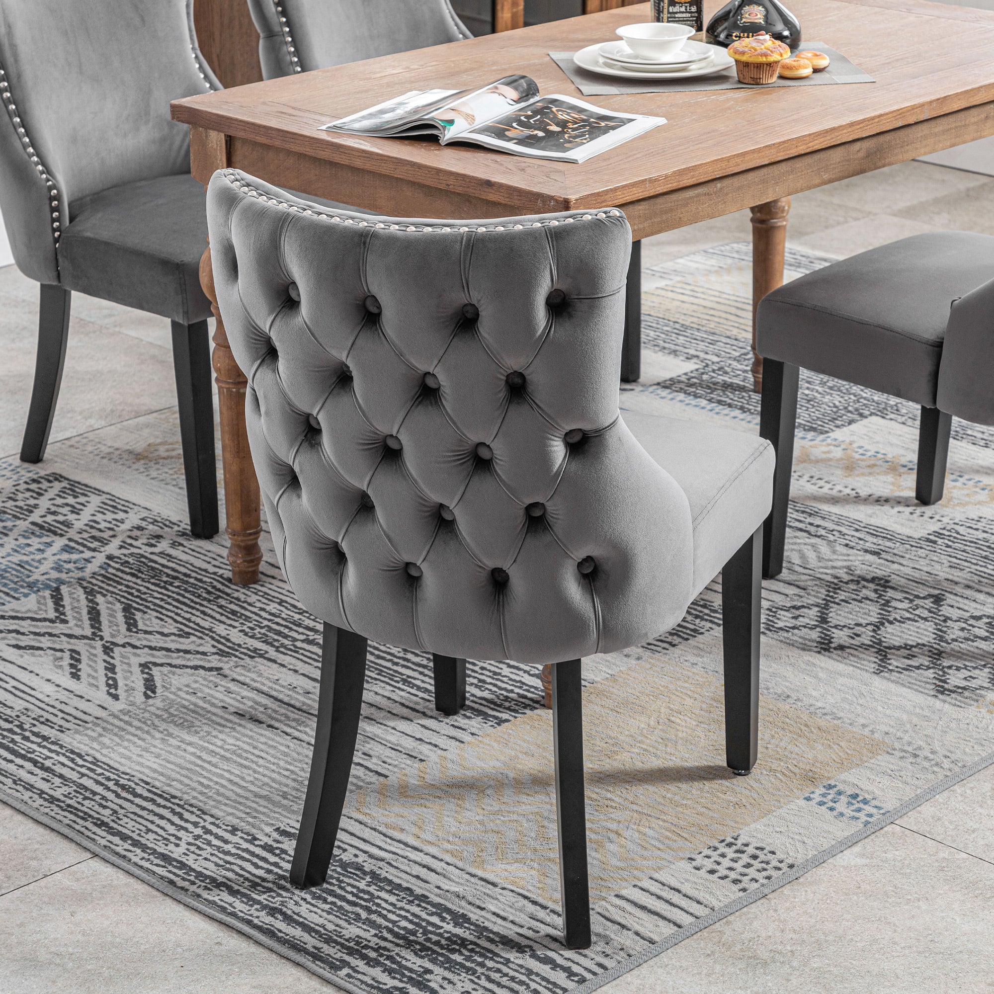 Chair (Set of 4), 4-Legged Dining with Button Stitching, Gray Velvet