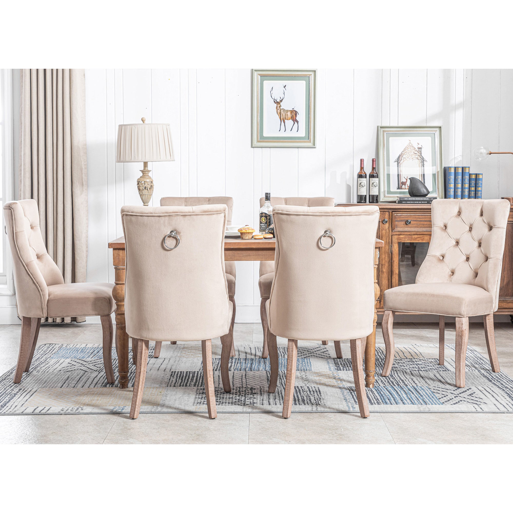 Dining Chair, 4-Legged High Back with Button Stitching (Set of 6), Beige Velvet