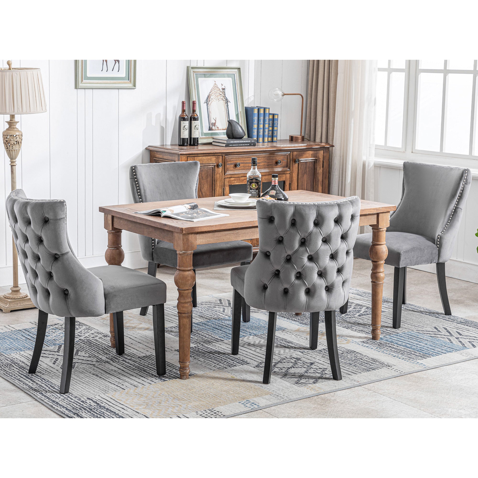 Chair (Set of 4), 4-Legged Dining with Button Stitching, Gray Velvet