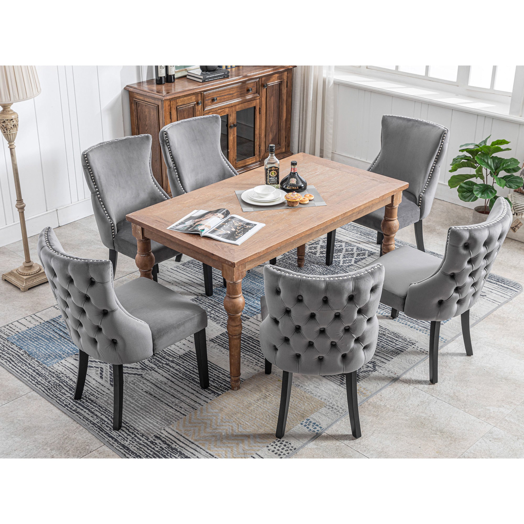 Dining Chair, 4-Legged Velvet with Button Stitching & Solid Wood Frame, Gray (Set of 6)