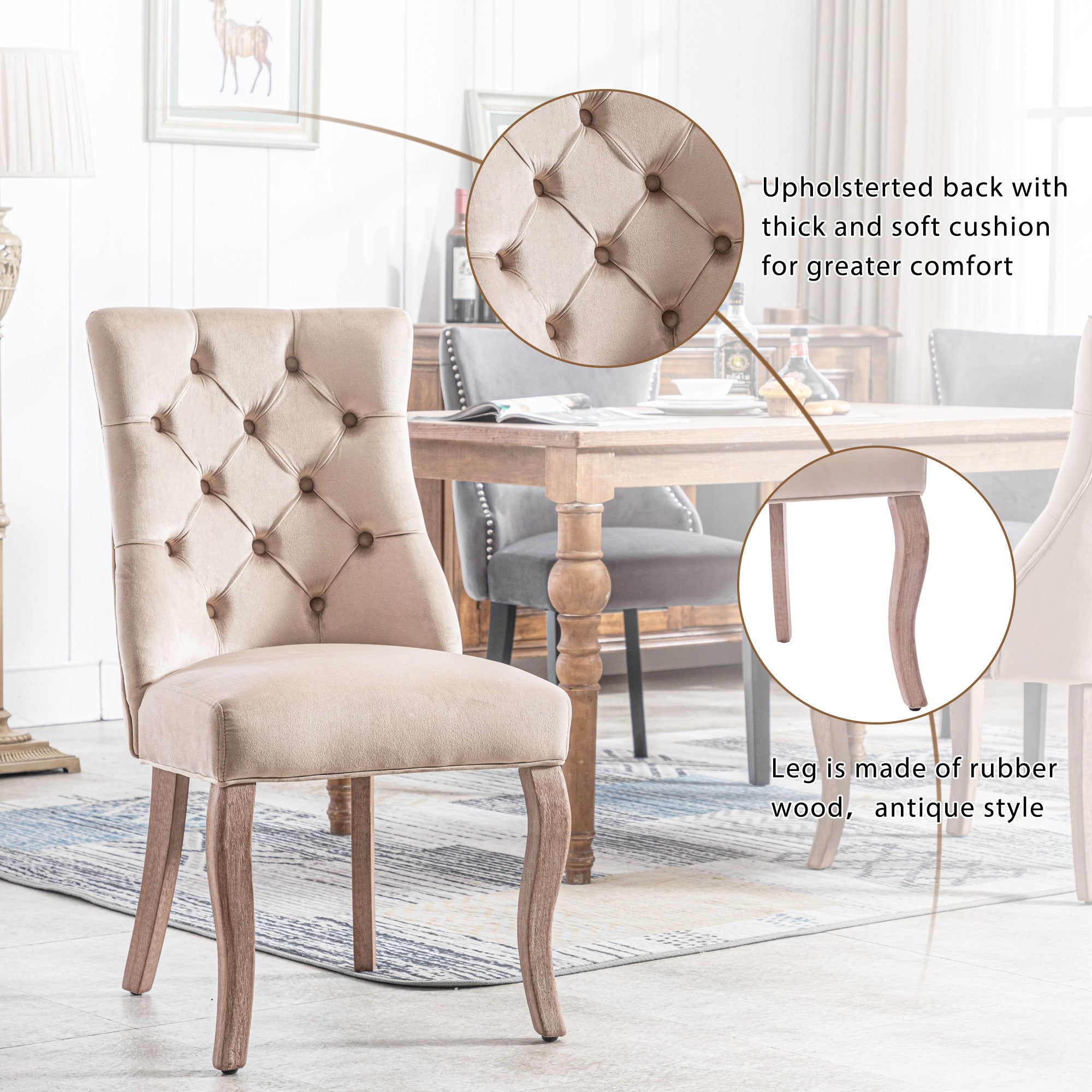 Dining Chair, 4-Legged High Back with Button Stitching (Set of 6), Beige Velvet