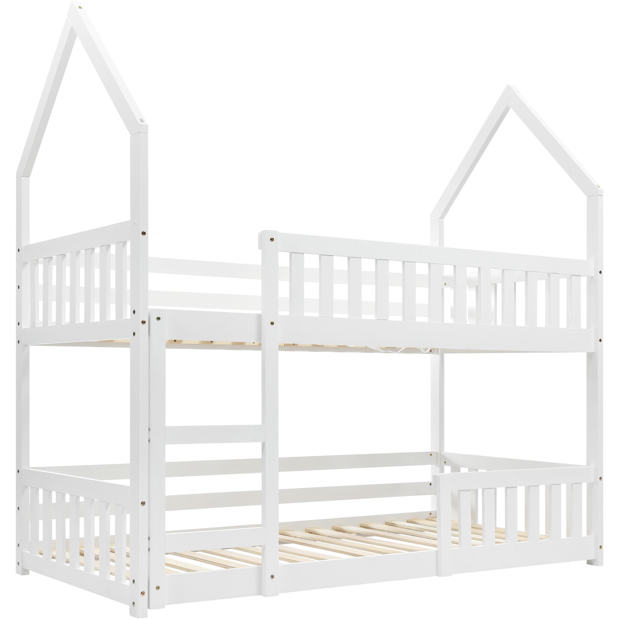 Bunk Bed, Twin Sleeper with Ladder & Gaming Castle Design, Solid Wood Frame (White)