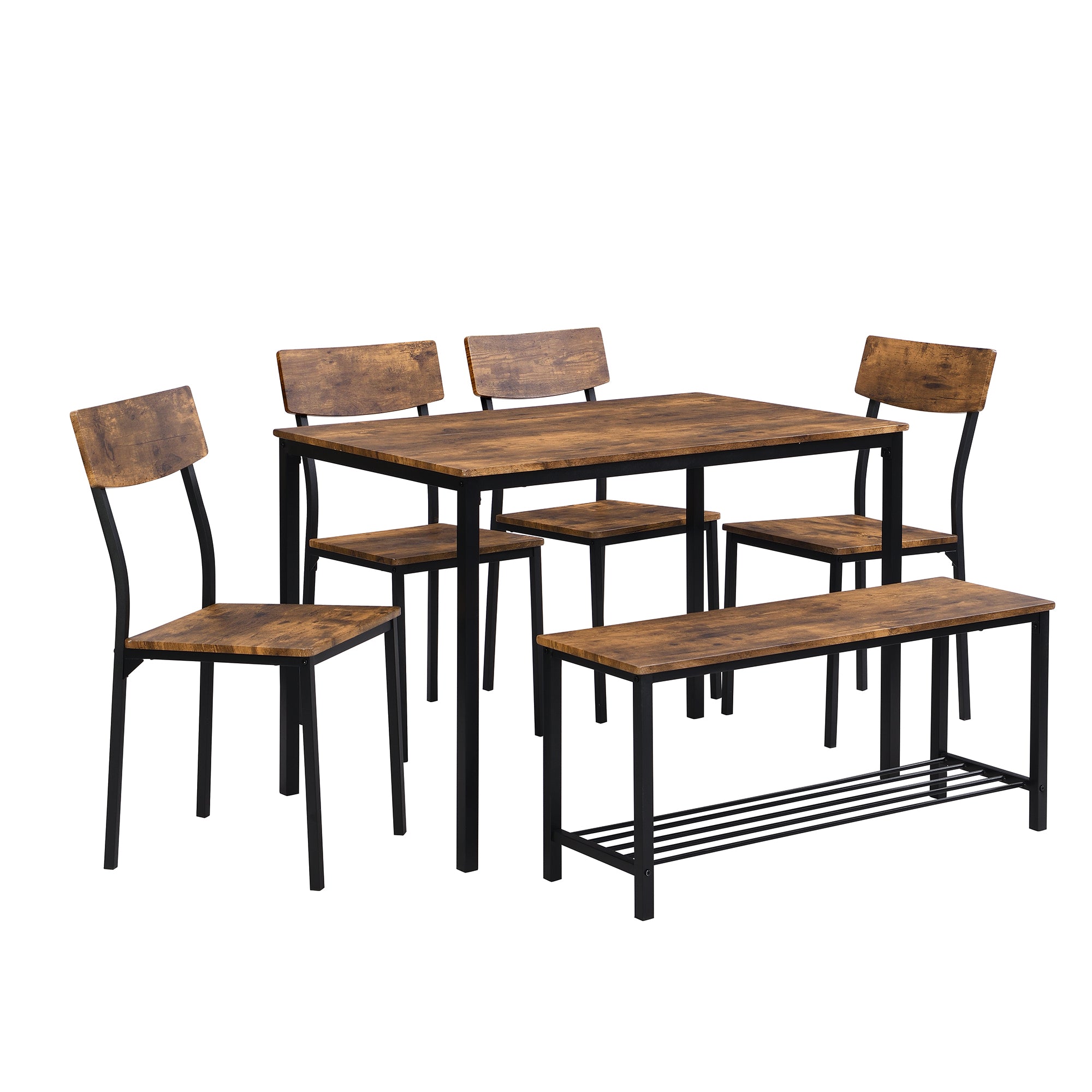 6-Piece Dining Set Table Chair and Bench Industrial Wood and Steel