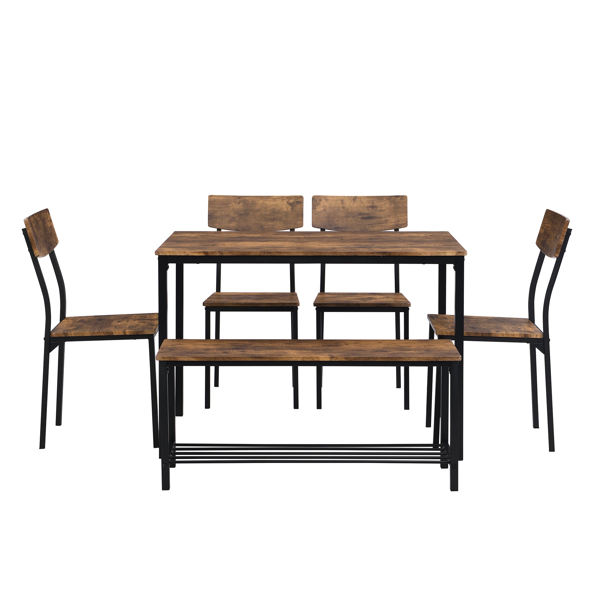 6-Piece Dining Set Table Chair and Bench Industrial Wood and Steel
