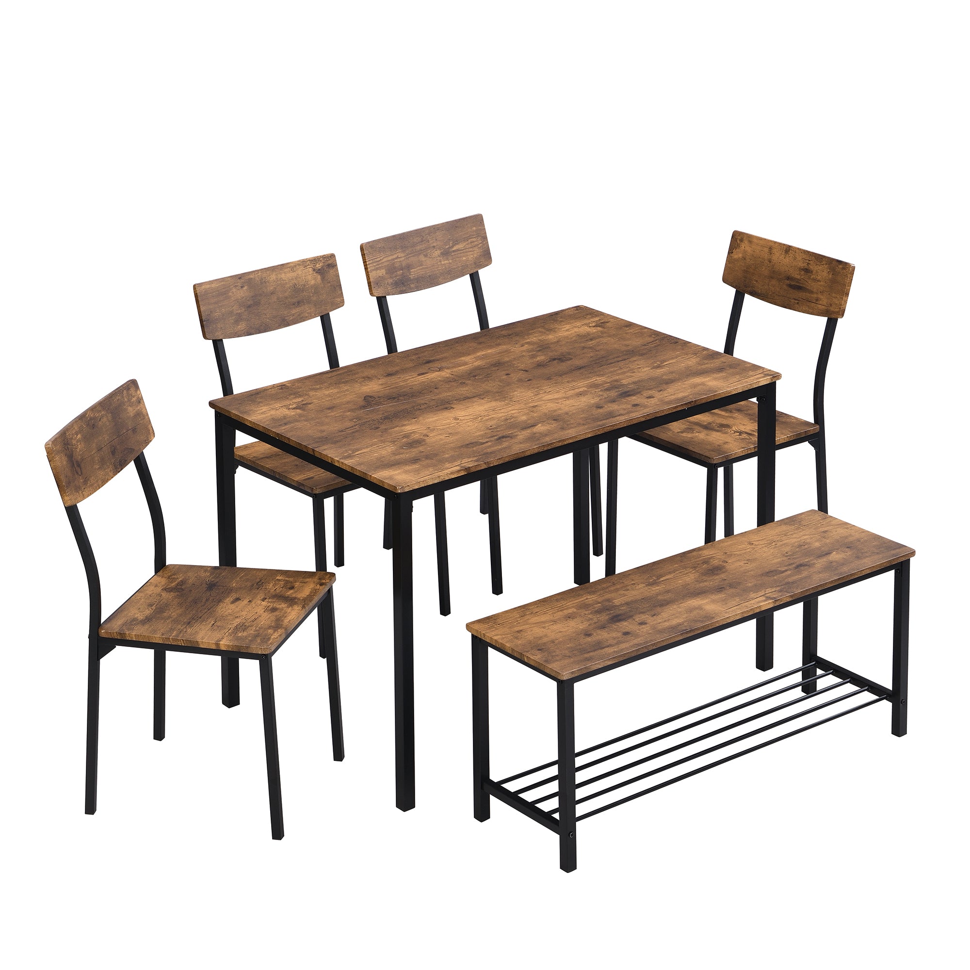 6-Piece Dining Set Table Chair and Bench Industrial Wood and Steel