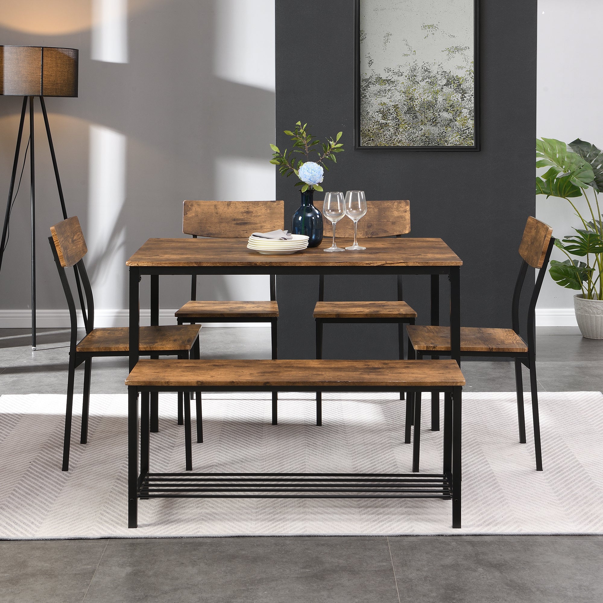 6-Piece Dining Set Table Chair and Bench Industrial Wood and Steel