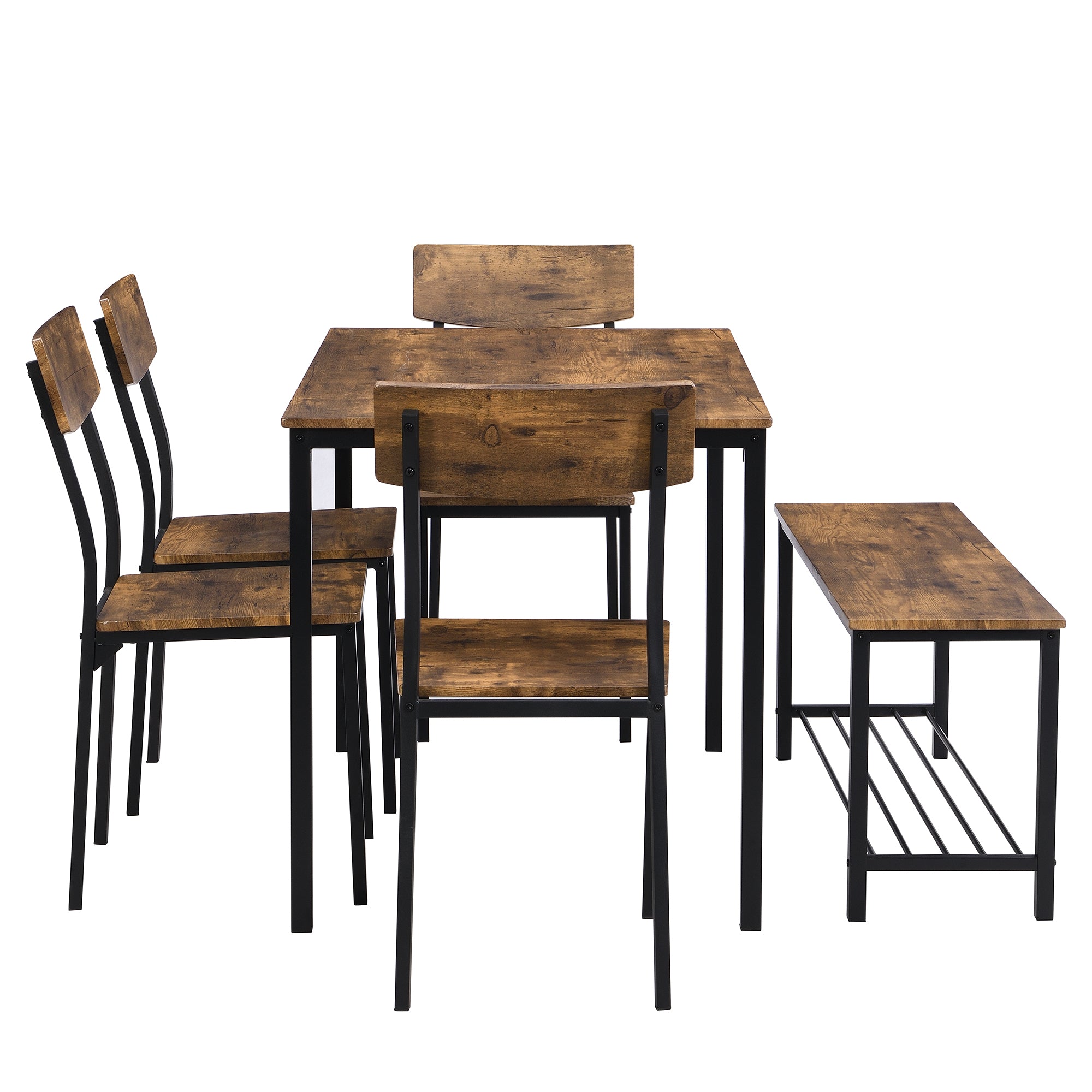 6-Piece Dining Set Table Chair and Bench Industrial Wood and Steel