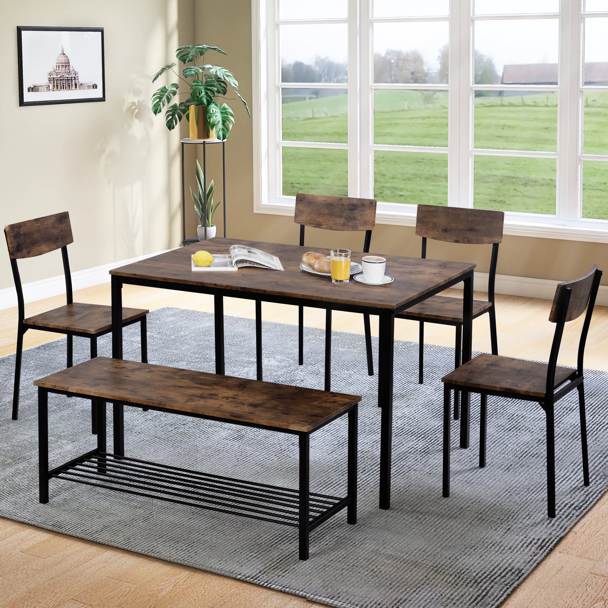 6-Piece Dining Set Table Chair and Bench Industrial Wood and Steel