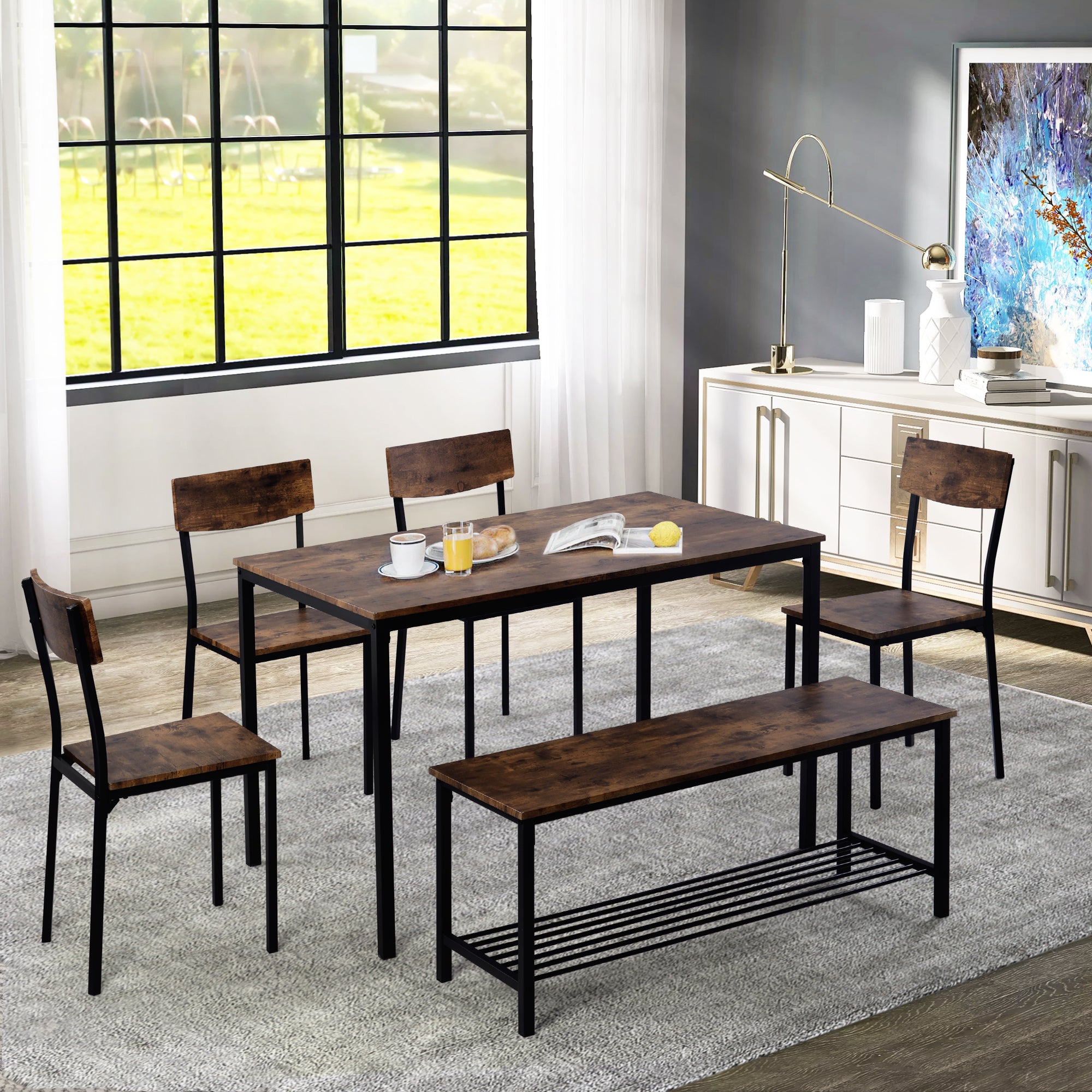 6-Piece Dining Set Table Chair and Bench Industrial Wood and Steel
