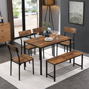 6-Piece Dining Set Table Chair and Bench Industrial Wood and Steel