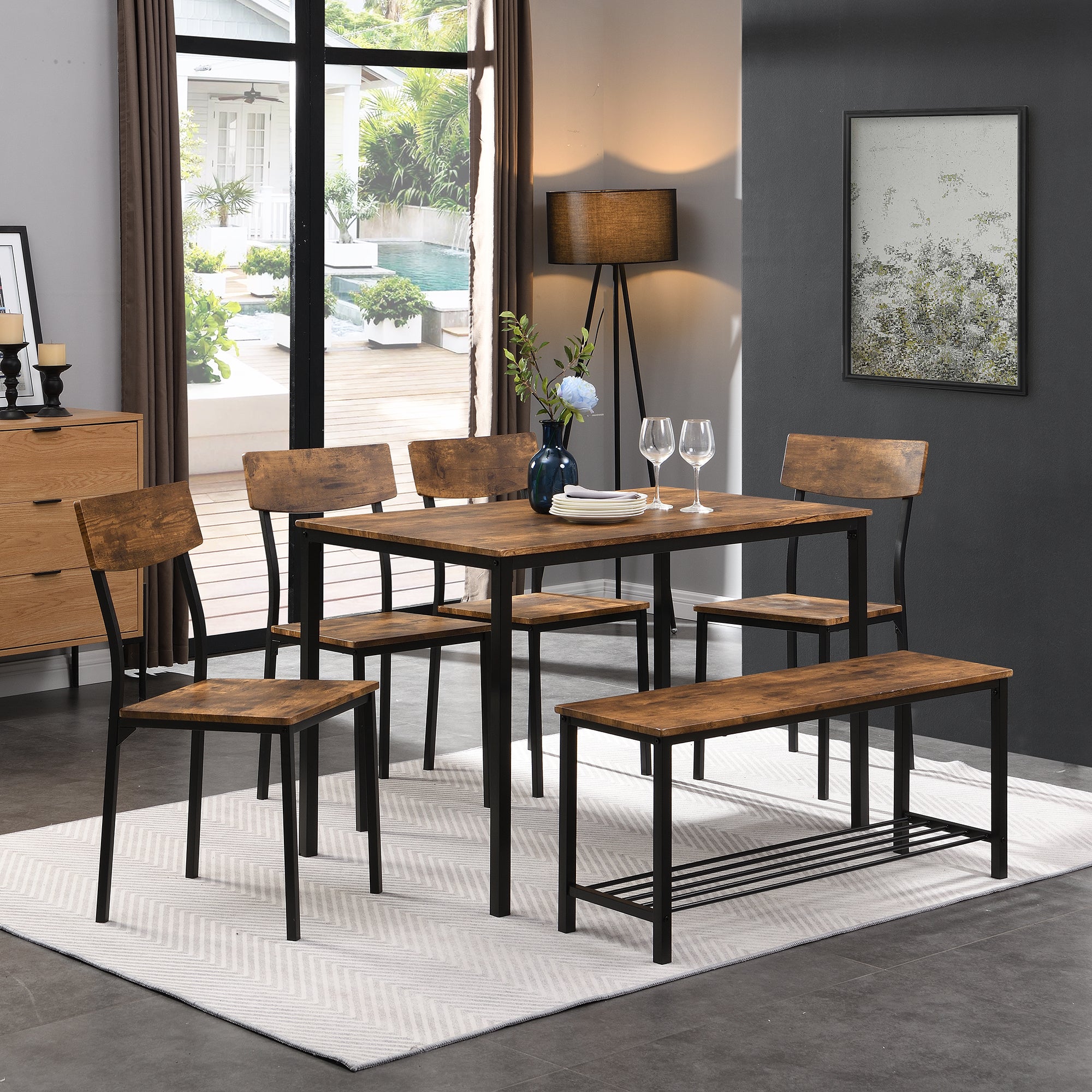 6-Piece Dining Set Table Chair and Bench Industrial Wood and Steel