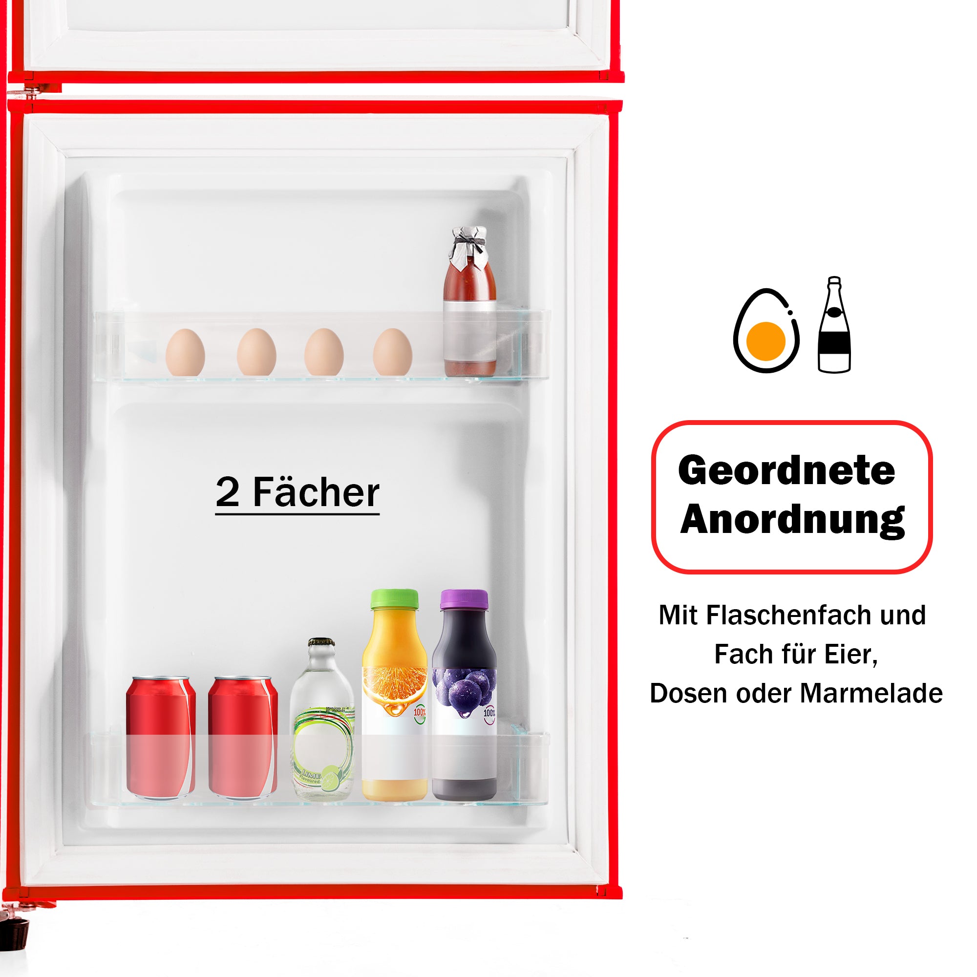 Retro Refrigerator Freezer Combination, 60L Total Volume, 22L Freezer, Red