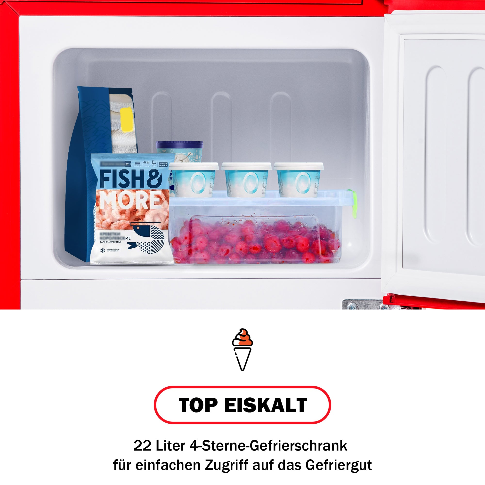 Retro Refrigerator Freezer Combination, 60L Total Volume, 22L Freezer, Red