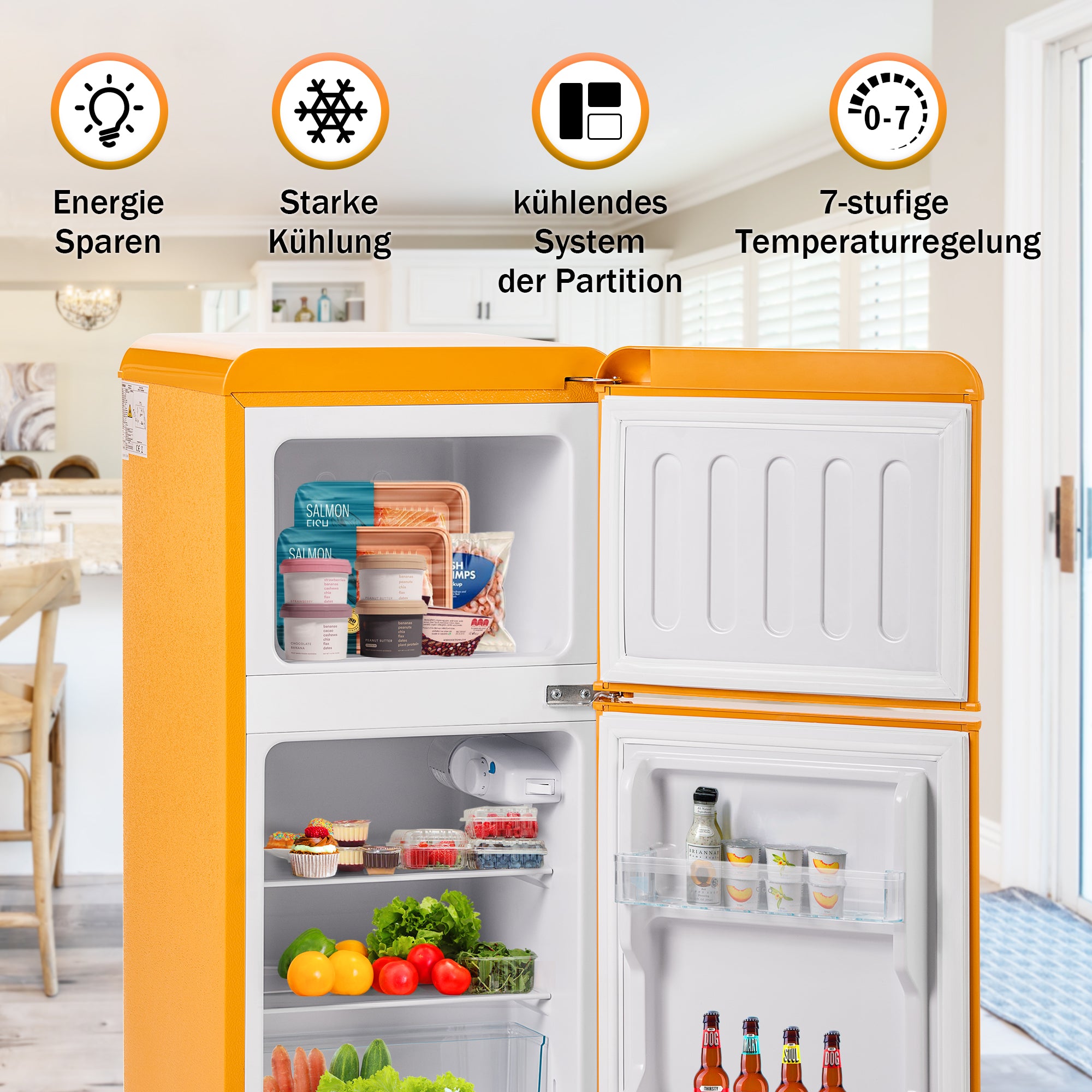 Retro Refrigerator, Freezer Combination, 86.8cm High, 60L Total Volume, Two-Door, E Energy Class