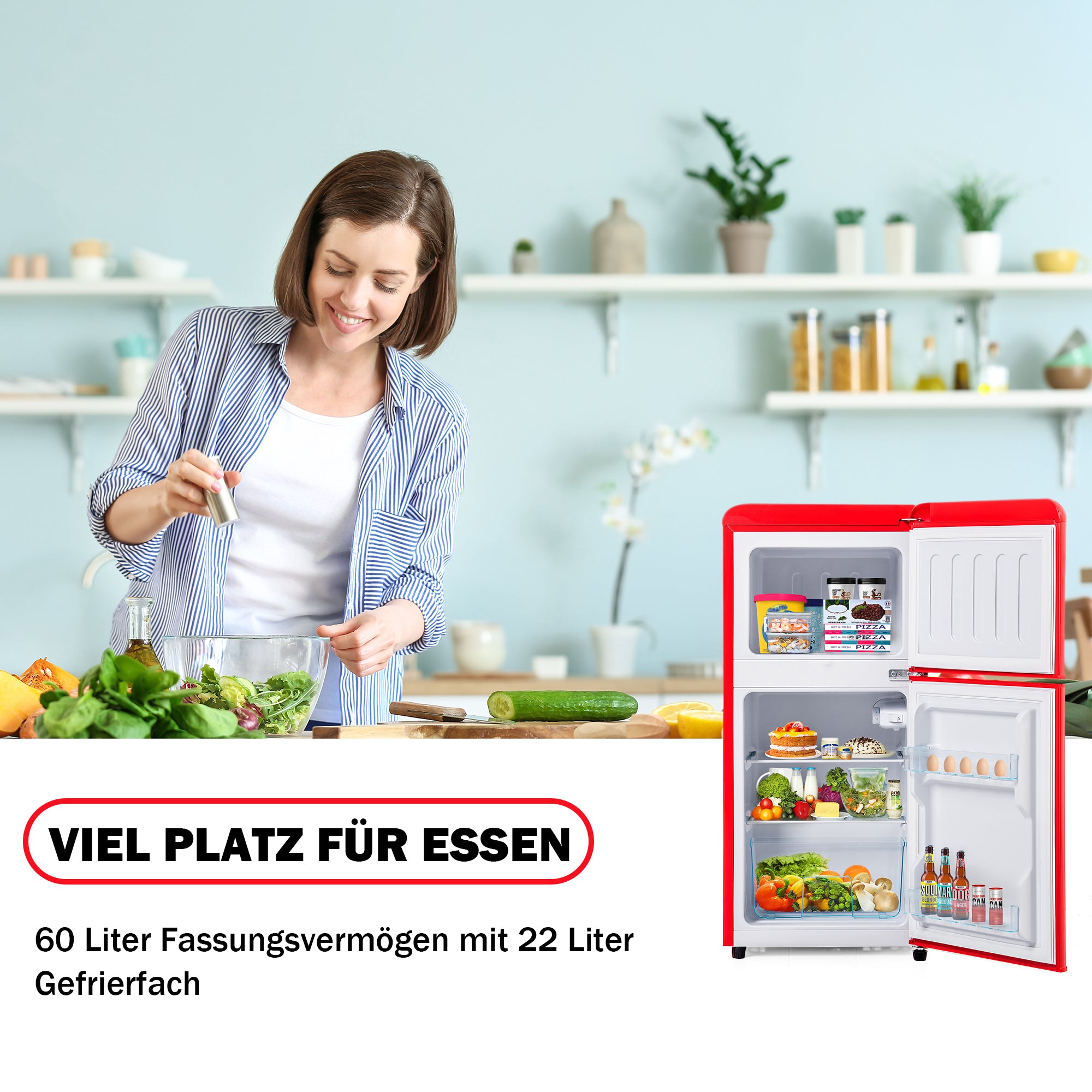 Retro Refrigerator Freezer Combination, 60L Total Volume, 22L Freezer, Red
