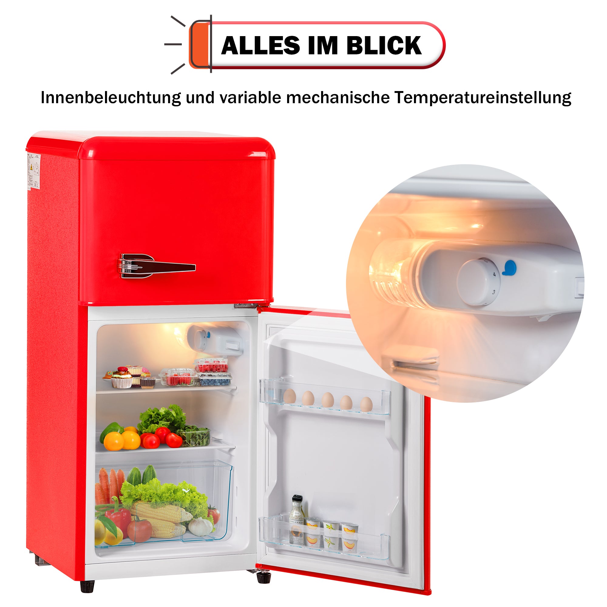 Retro Refrigerator Freezer Combination, 60L Total Volume, 22L Freezer, Red