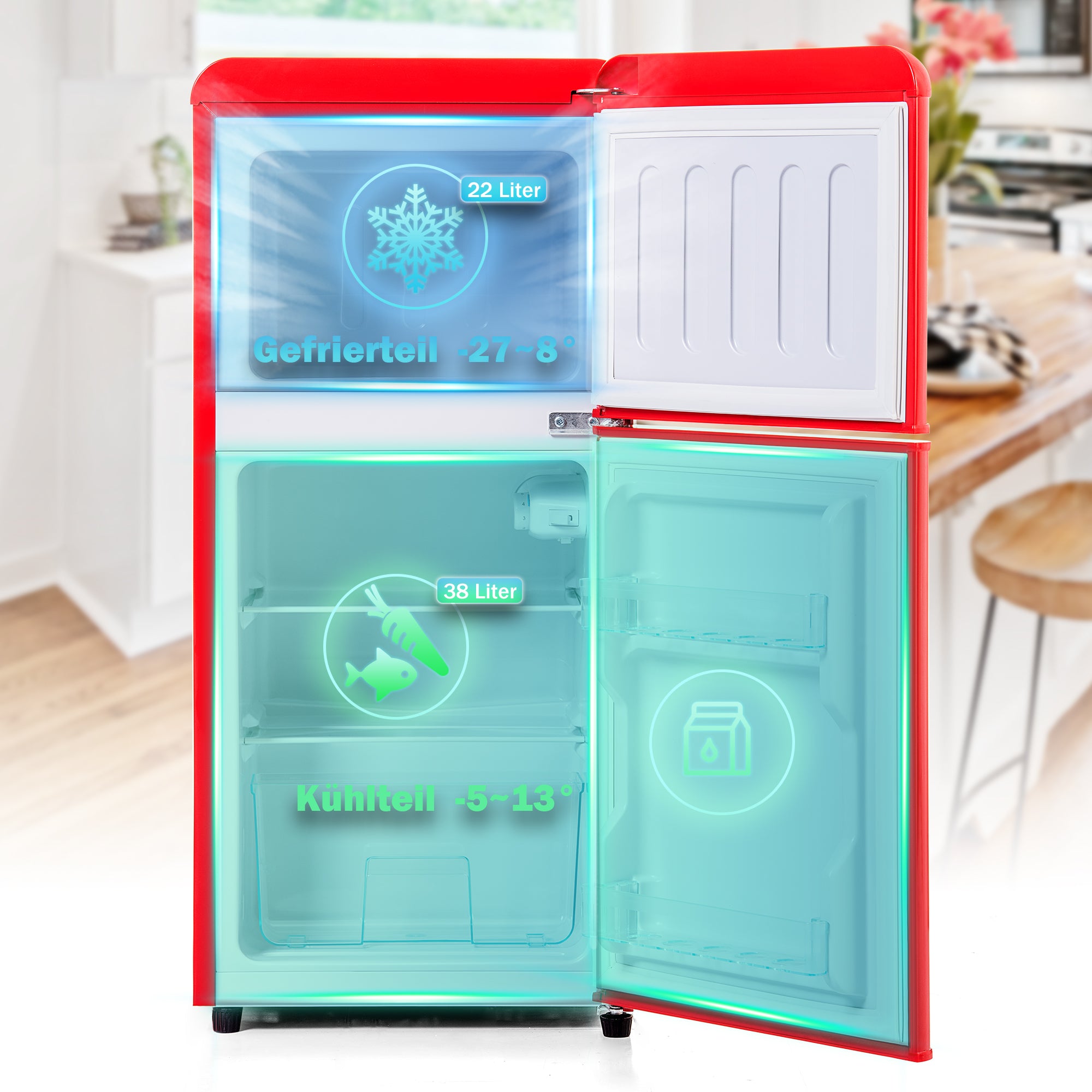 Retro Refrigerator Freezer Combination, 60L Total Volume, 22L Freezer, Red