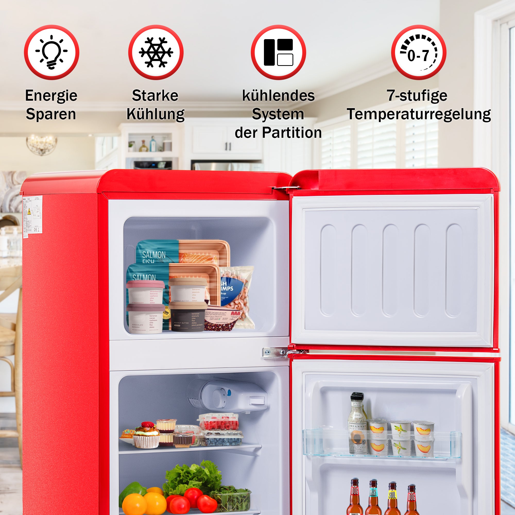 Retro Refrigerator Freezer Combination, 60L Total Volume, 22L Freezer, Red