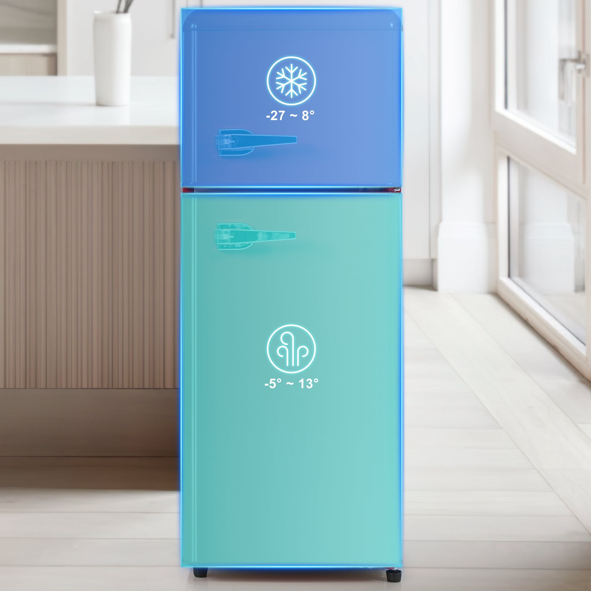 Retro Refrigerator, 105.5cm High, 92L Total, 28L Freezer, Two-Door, Glass Shelves