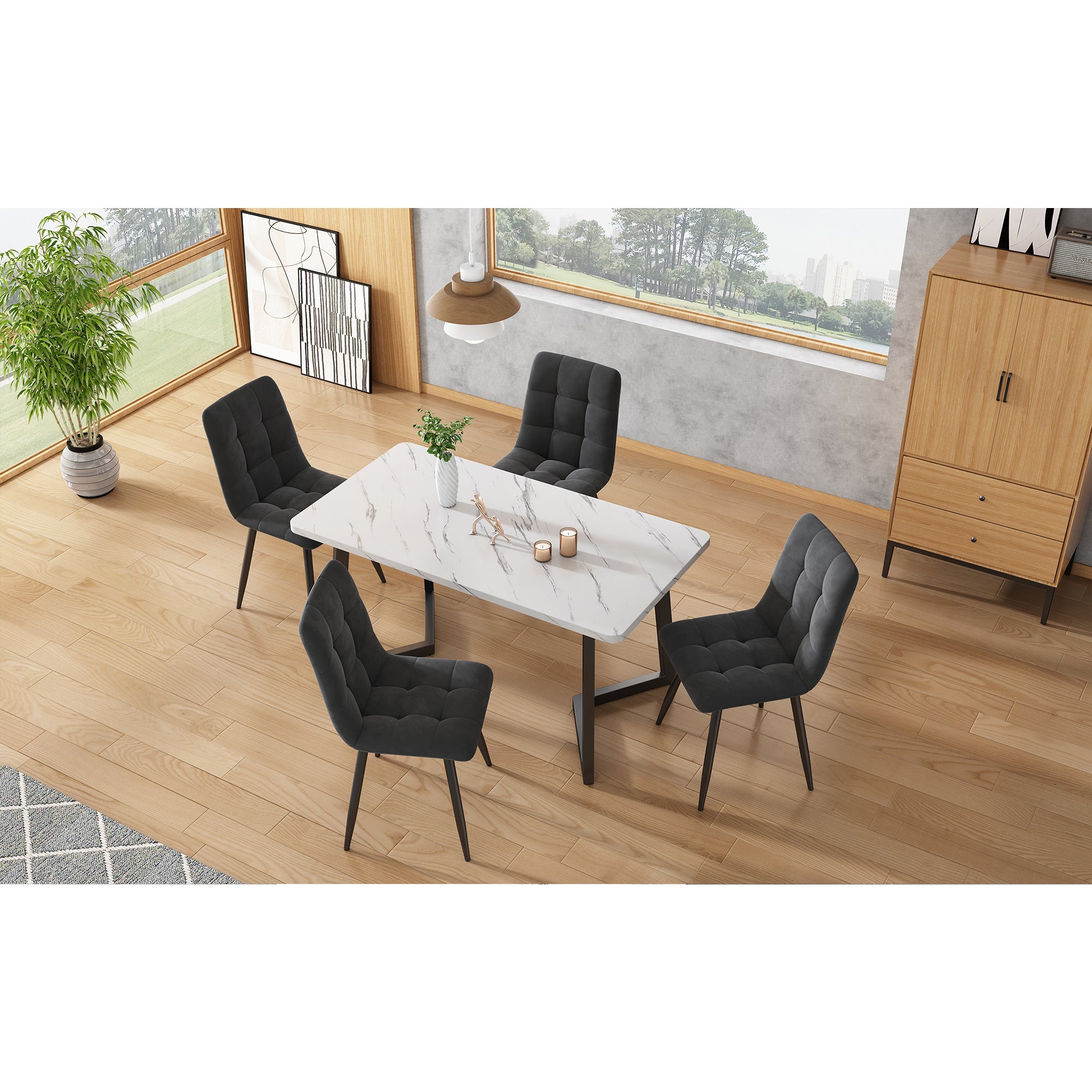 Dining Room Chair (4 pcs) Upholstered Design with Backrest, Dark Grey Velvet and Metal