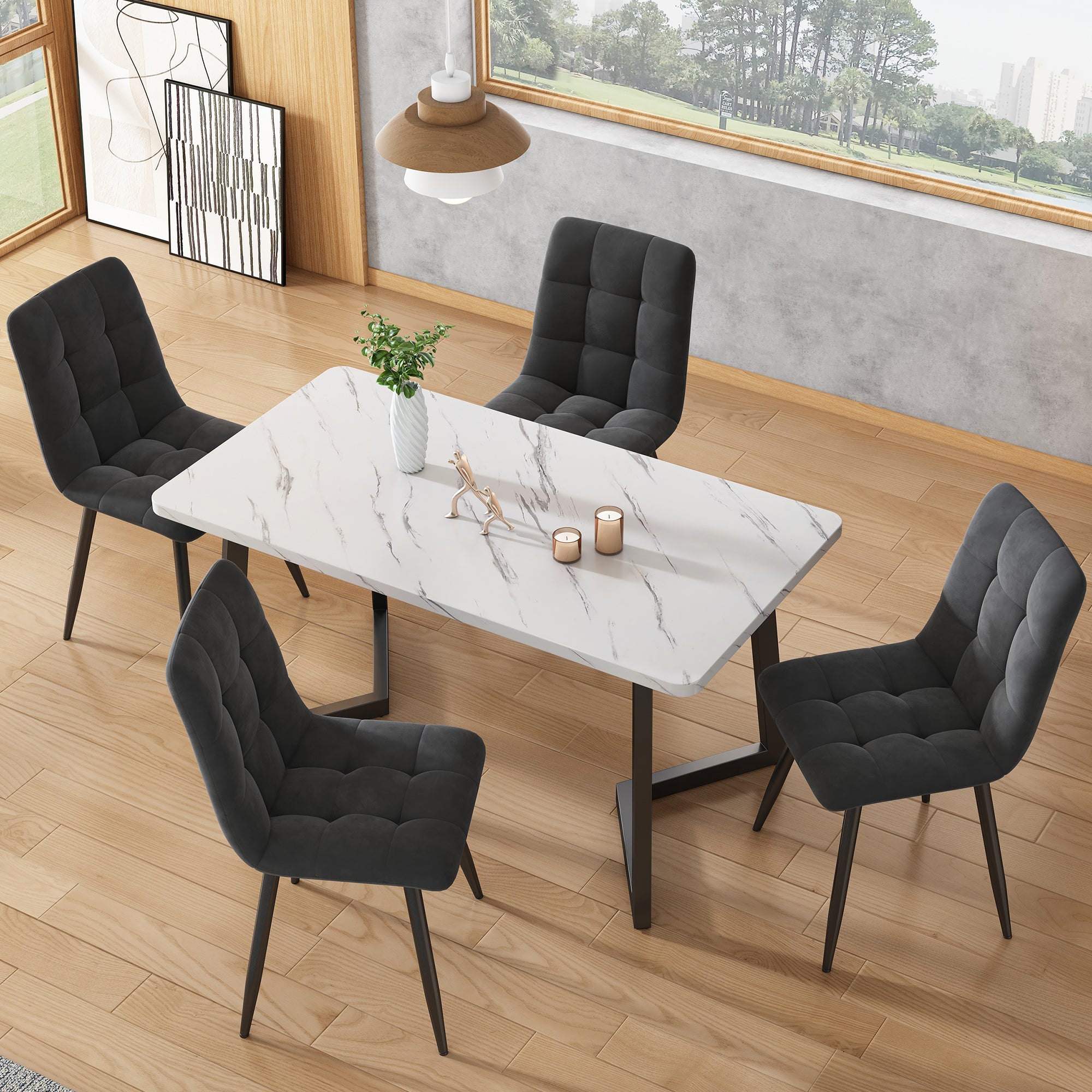 5-Piece Dining Set Rectangular Kitchen Table 117cm Dark Grey Velvet Black