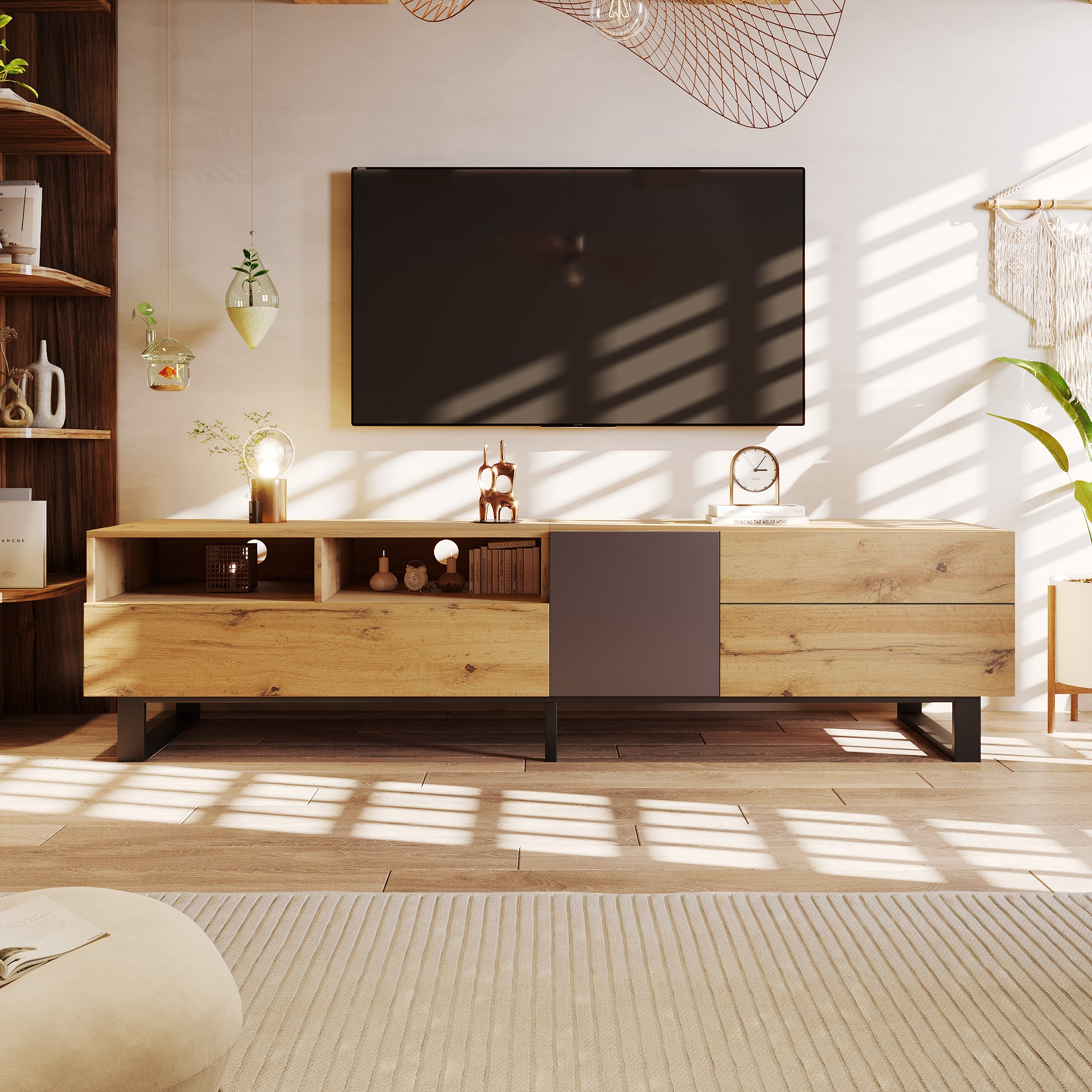 TV Cabinet, Modern Color-Blocking 180cm, Wood Grain