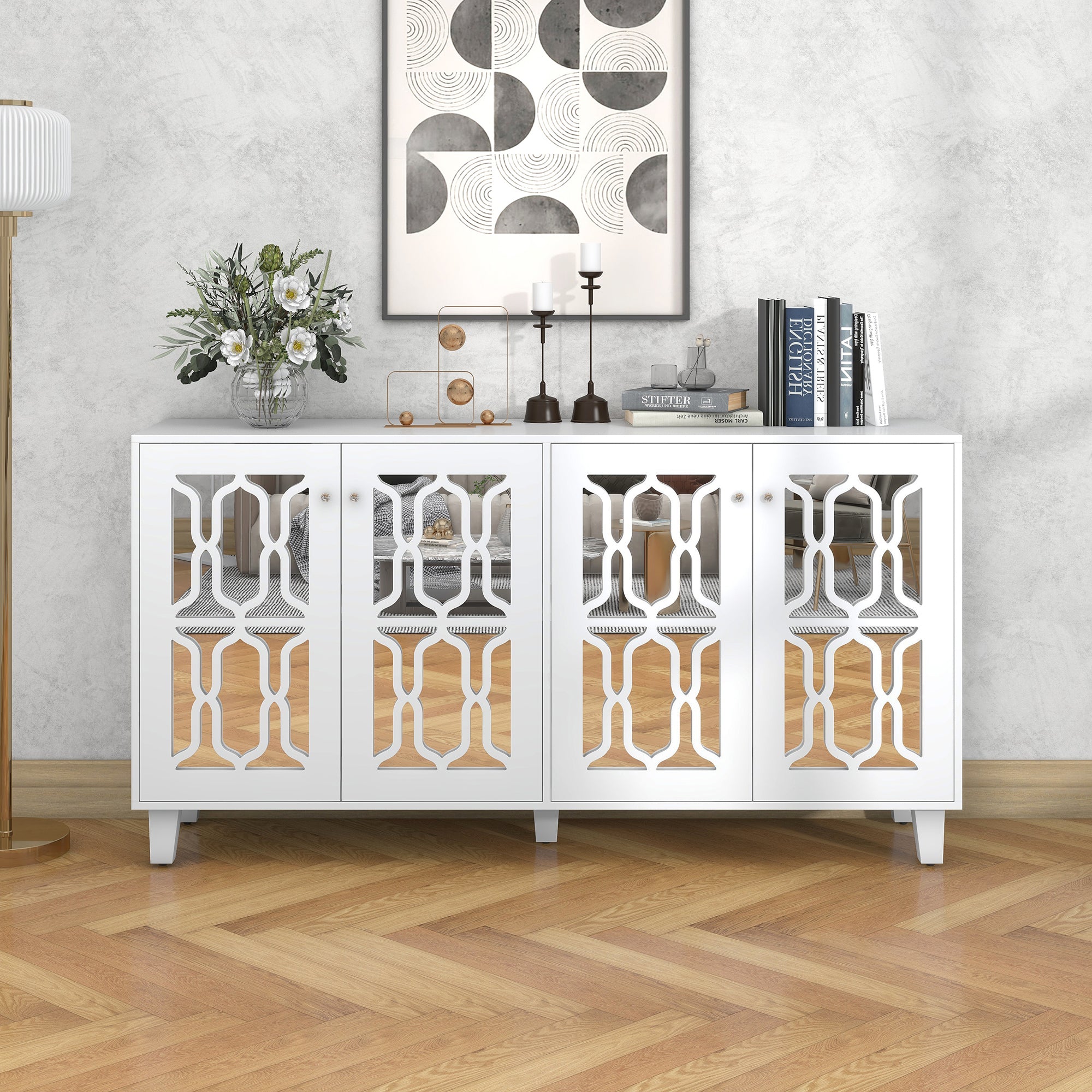 Sideboard, Mirrored with Crystal Handles, Four Doors, White
