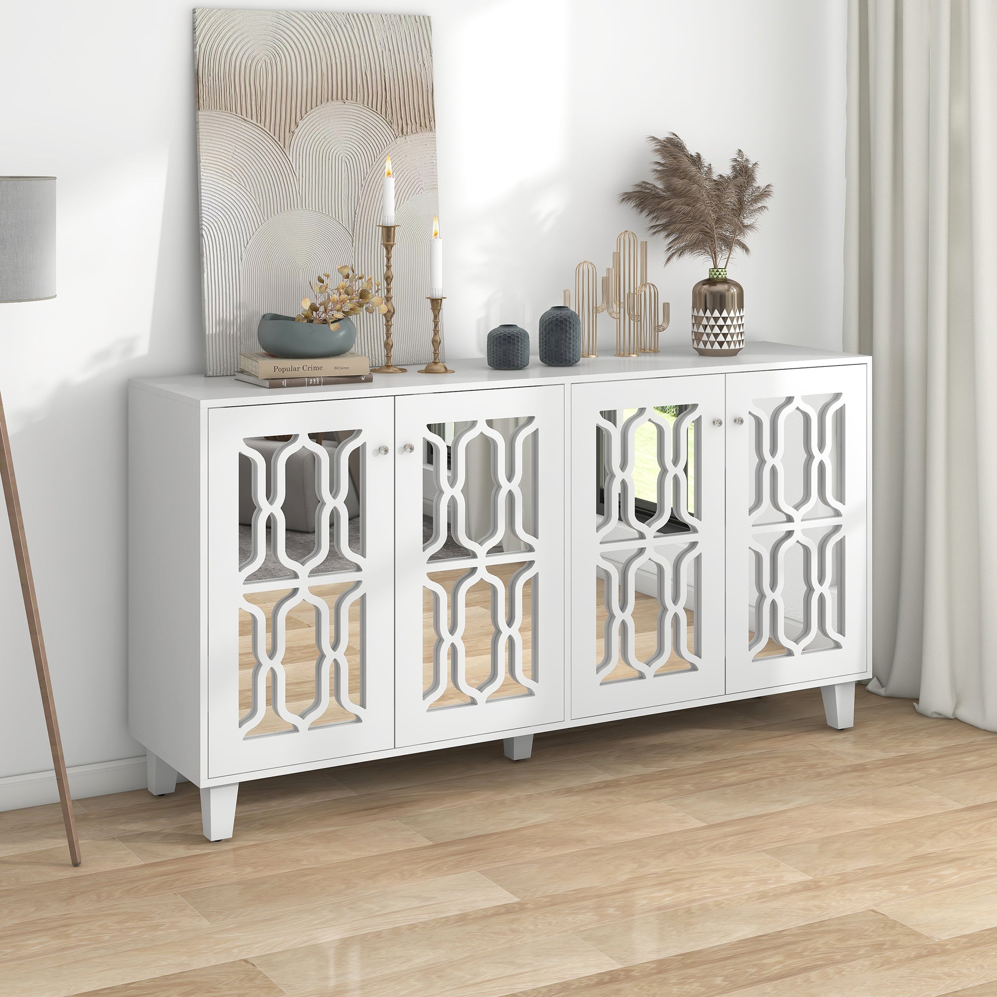 Sideboard, Mirrored with Crystal Handles, Four Doors, White