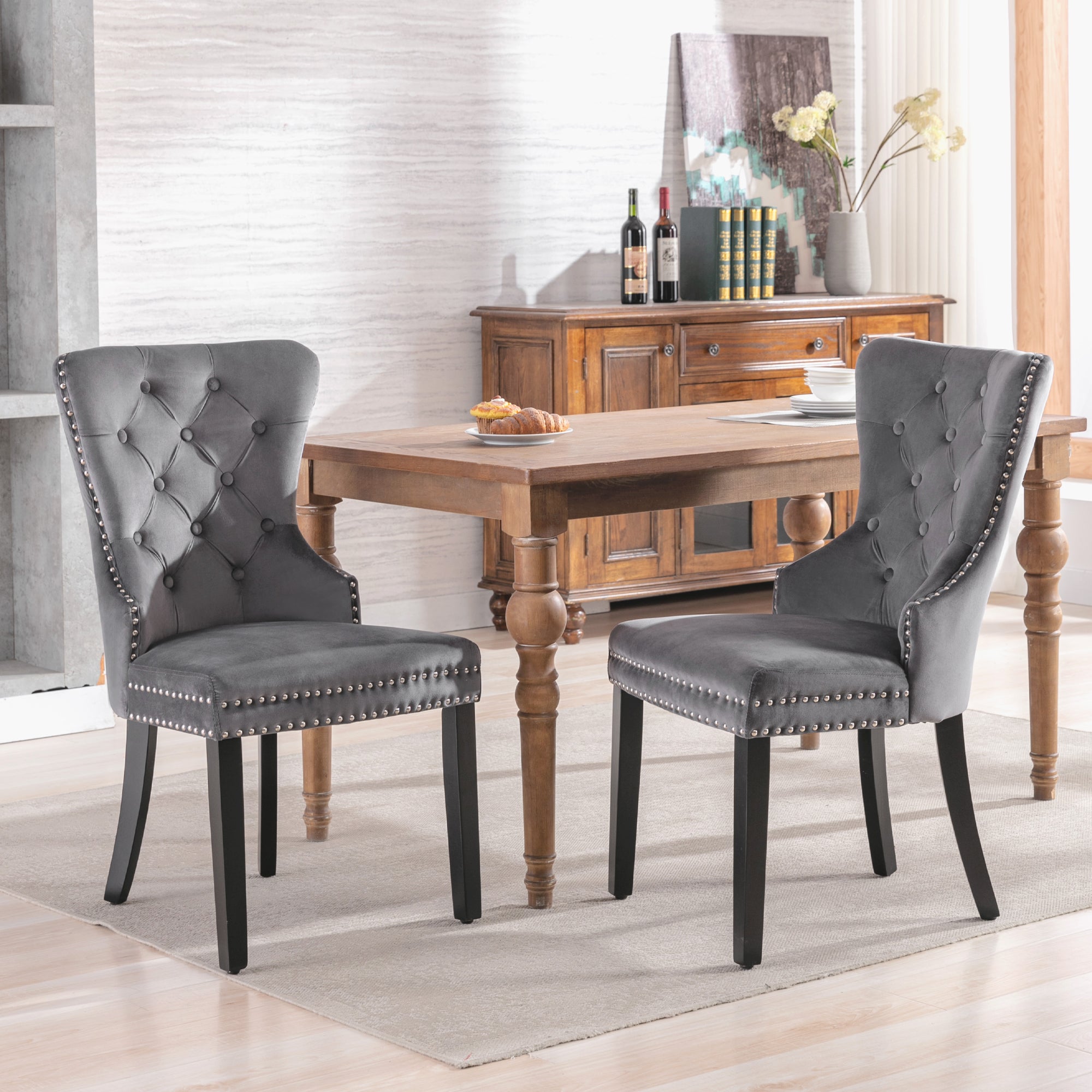 Velvet Dining Chairs Set of 2 with Oak Legs and Chrome Knocker, Grey Velvet
