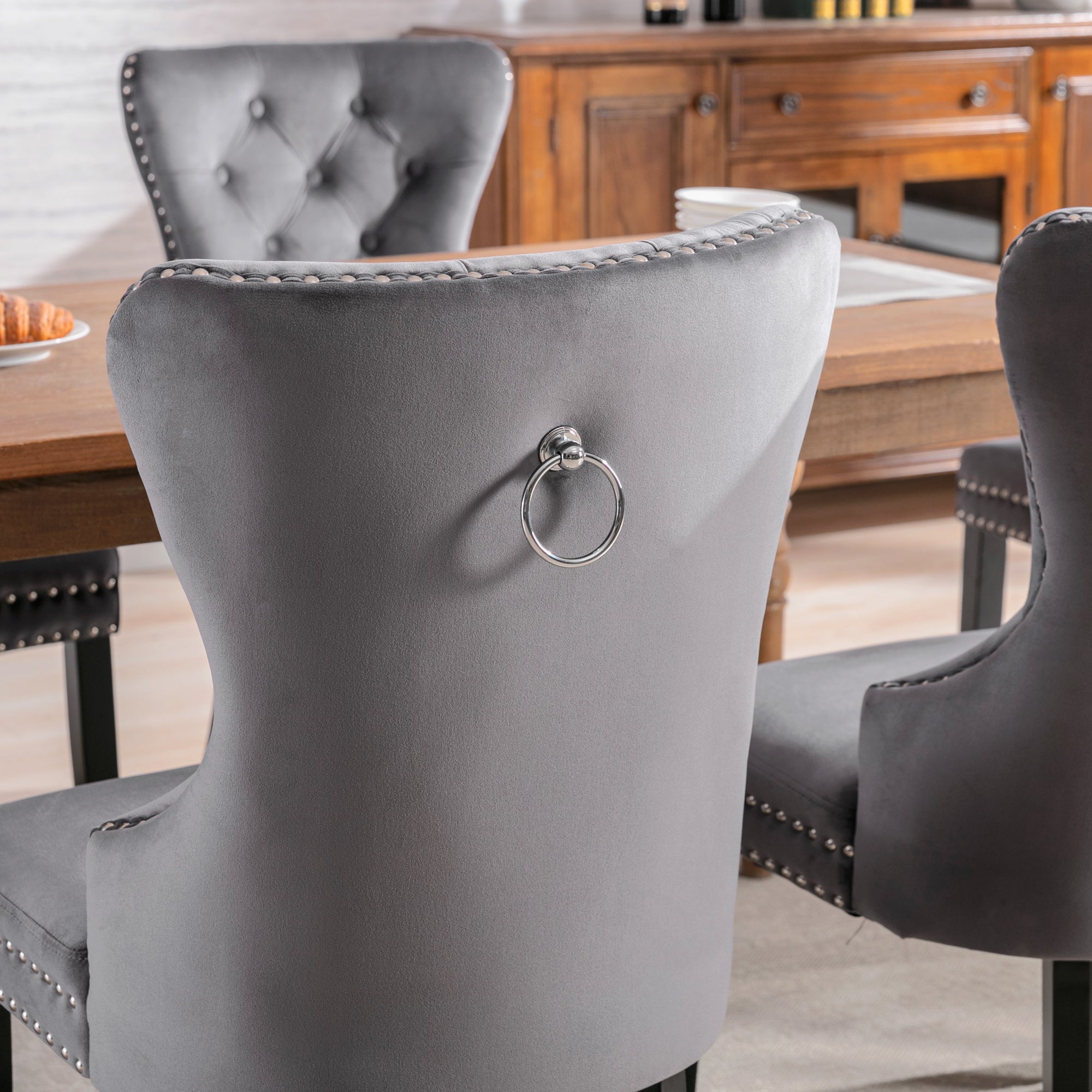 Velvet Dining Chairs, Set of 4, Oak Legs, Chrome Knocker, Nailhead Trim (Grey)
