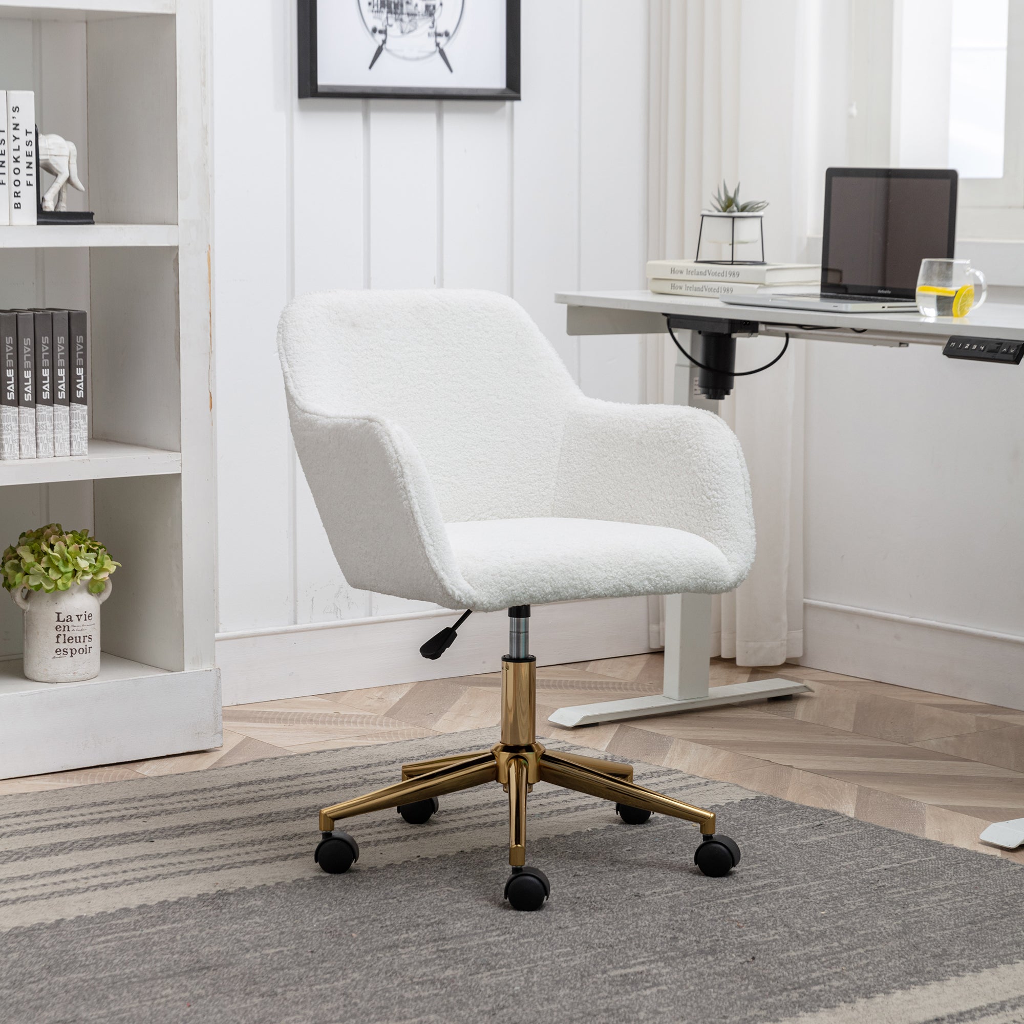 New Teddy Fabric Adjustable Height Swivel Home Office Chair, White with Gold Legs