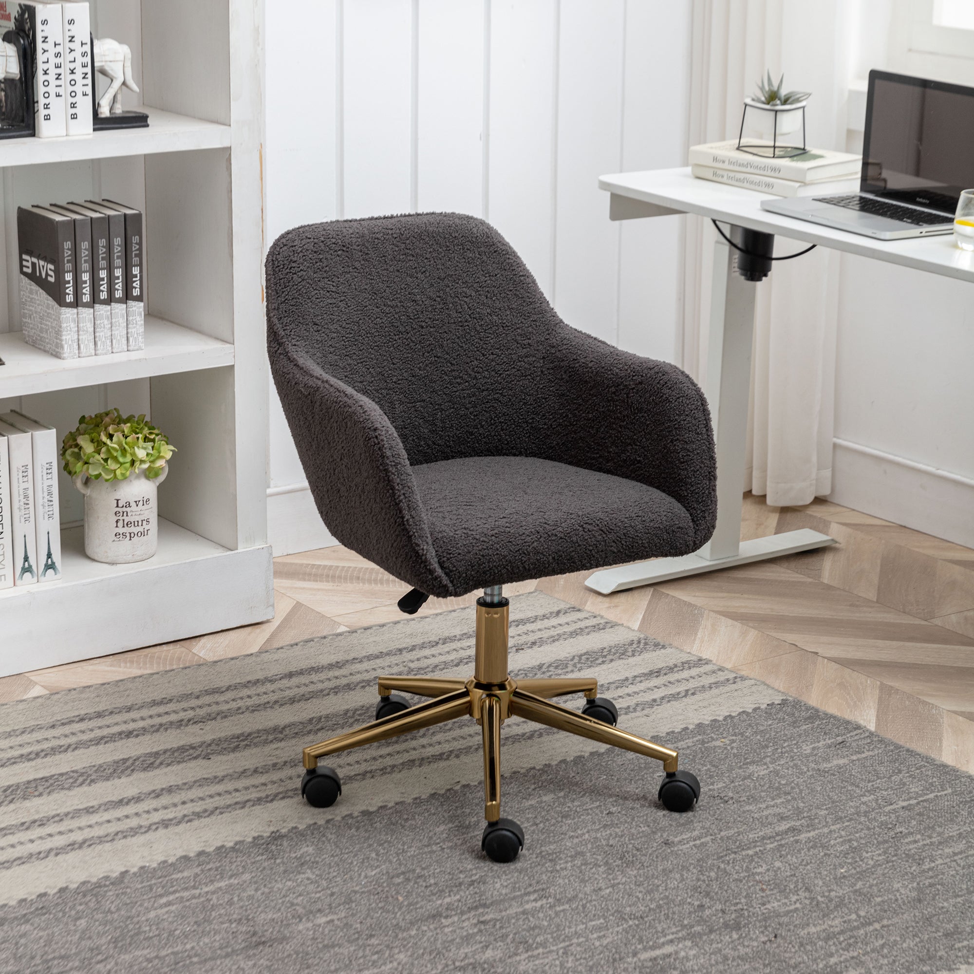New Teddy Fabric Material Adjustable Height Swivel Home Office Chair with Gold Legs, Dark Gray