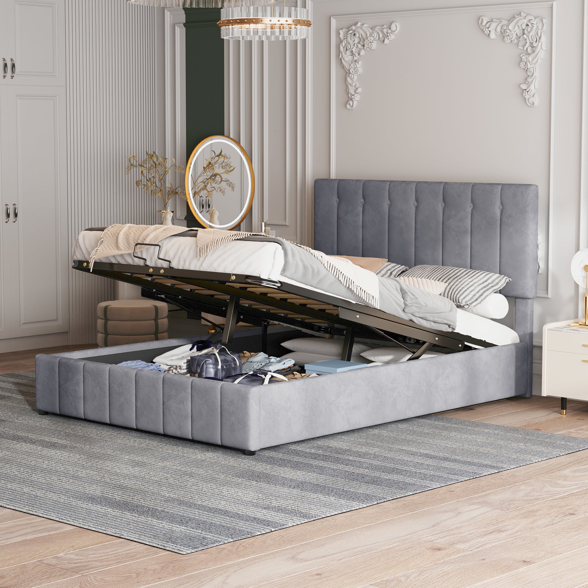 Upholstered Bed, 140x200 Double with Hydraulic Storage & Adjustable Headboard, Velvet Gray