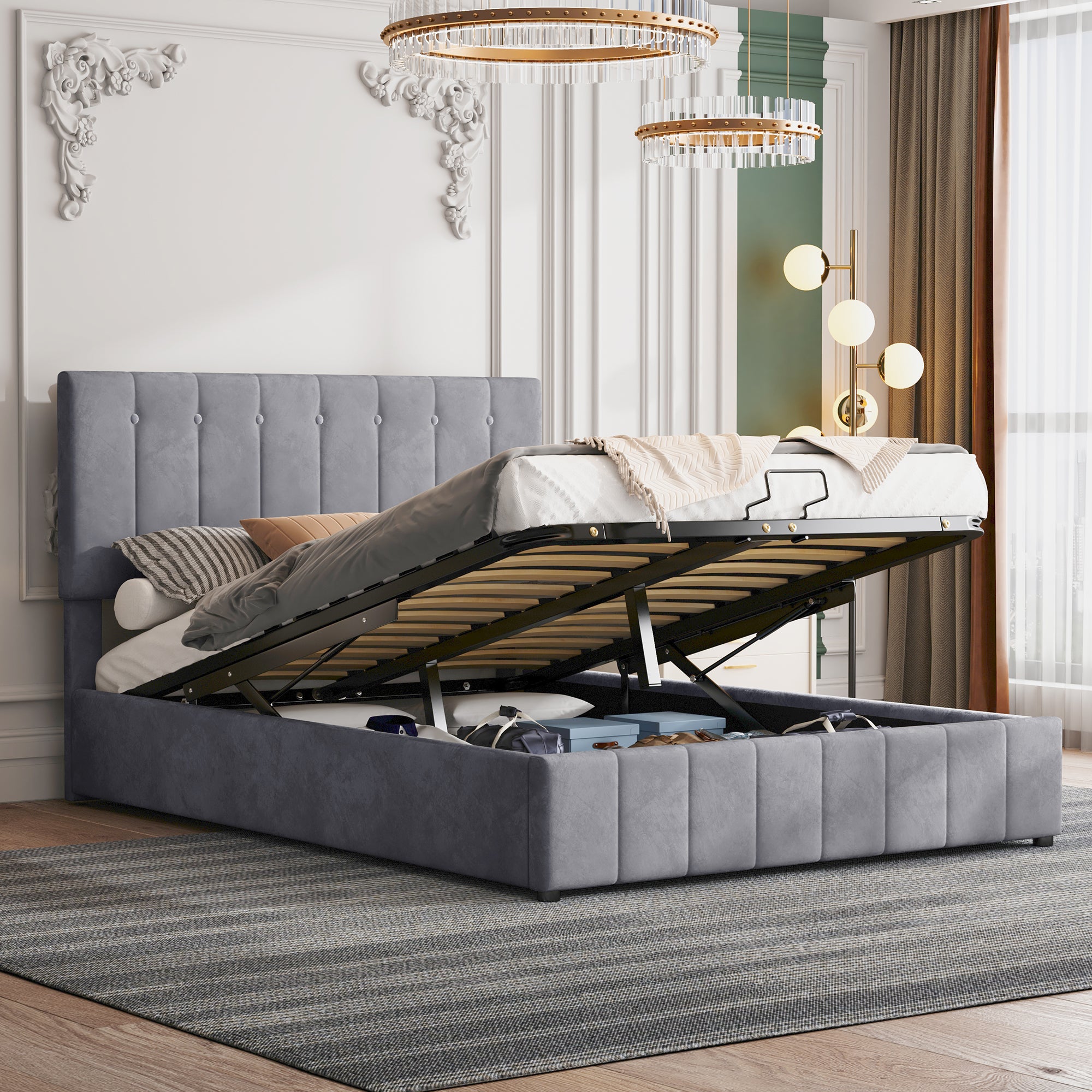 Upholstered Bed, 140x200 Double with Hydraulic Storage & Adjustable Headboard, Velvet Gray