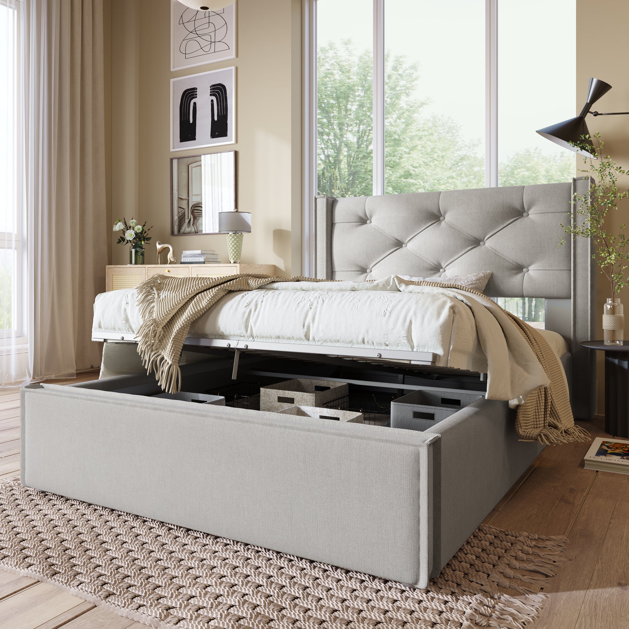 Hydraulic Upholstered Bed, Single 90x200cm with Storage, Light Grey Cotton