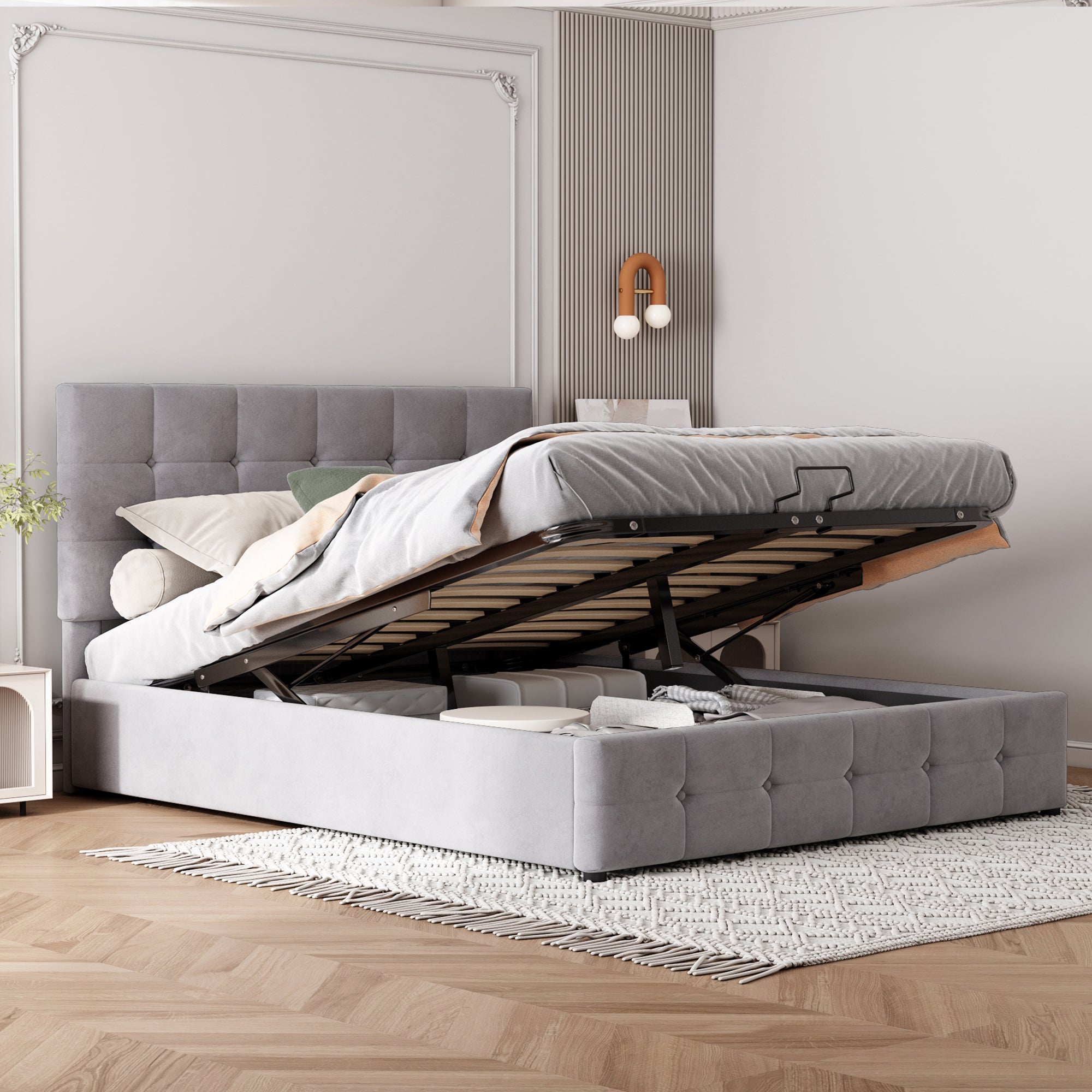 Upholstered Bed, 140x200 Double with Liftable Storage, Adjustable Headboard, Velvet Fabric Gray