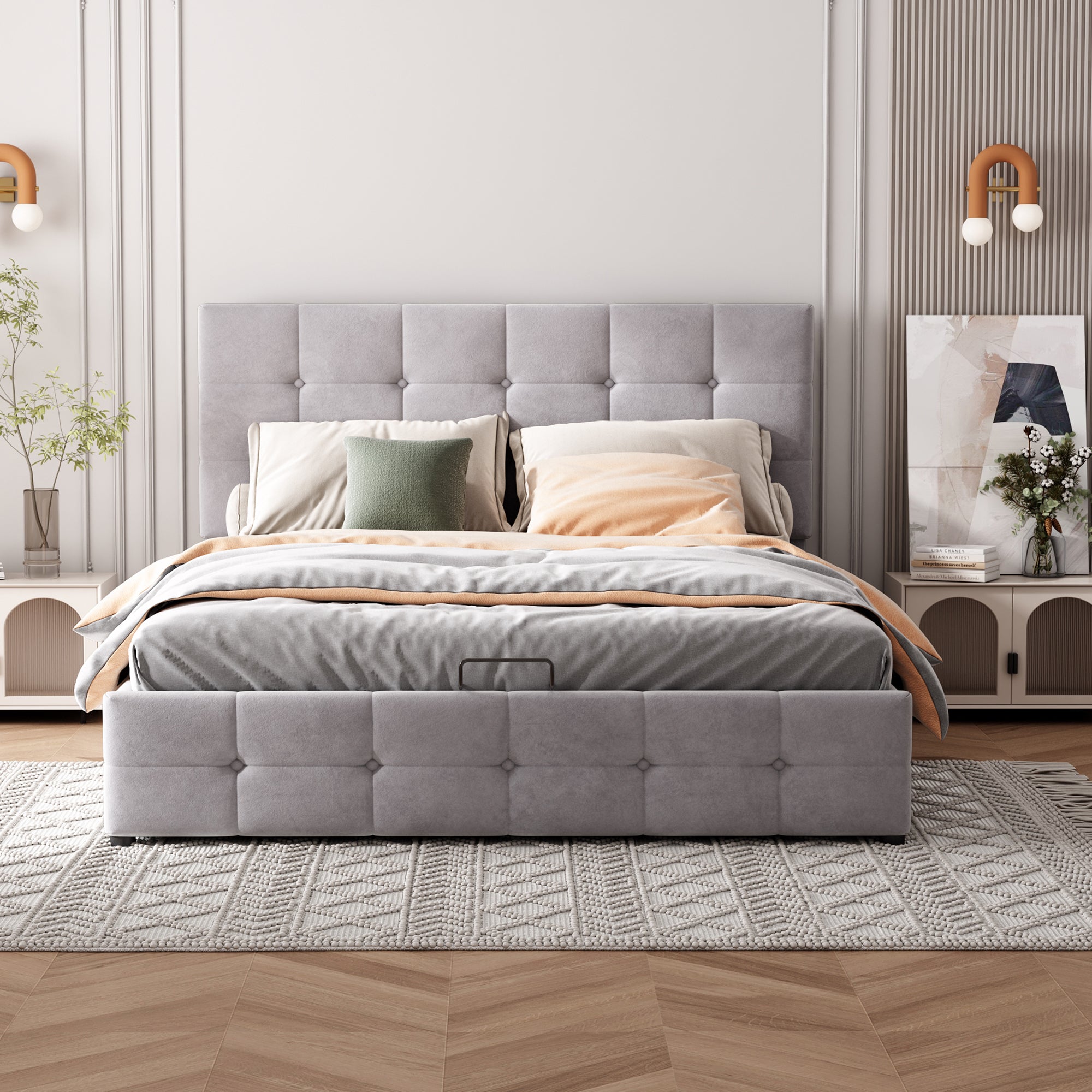 Upholstered Bed, 140x200 Double with Liftable Storage, Adjustable Headboard, Velvet Fabric Gray