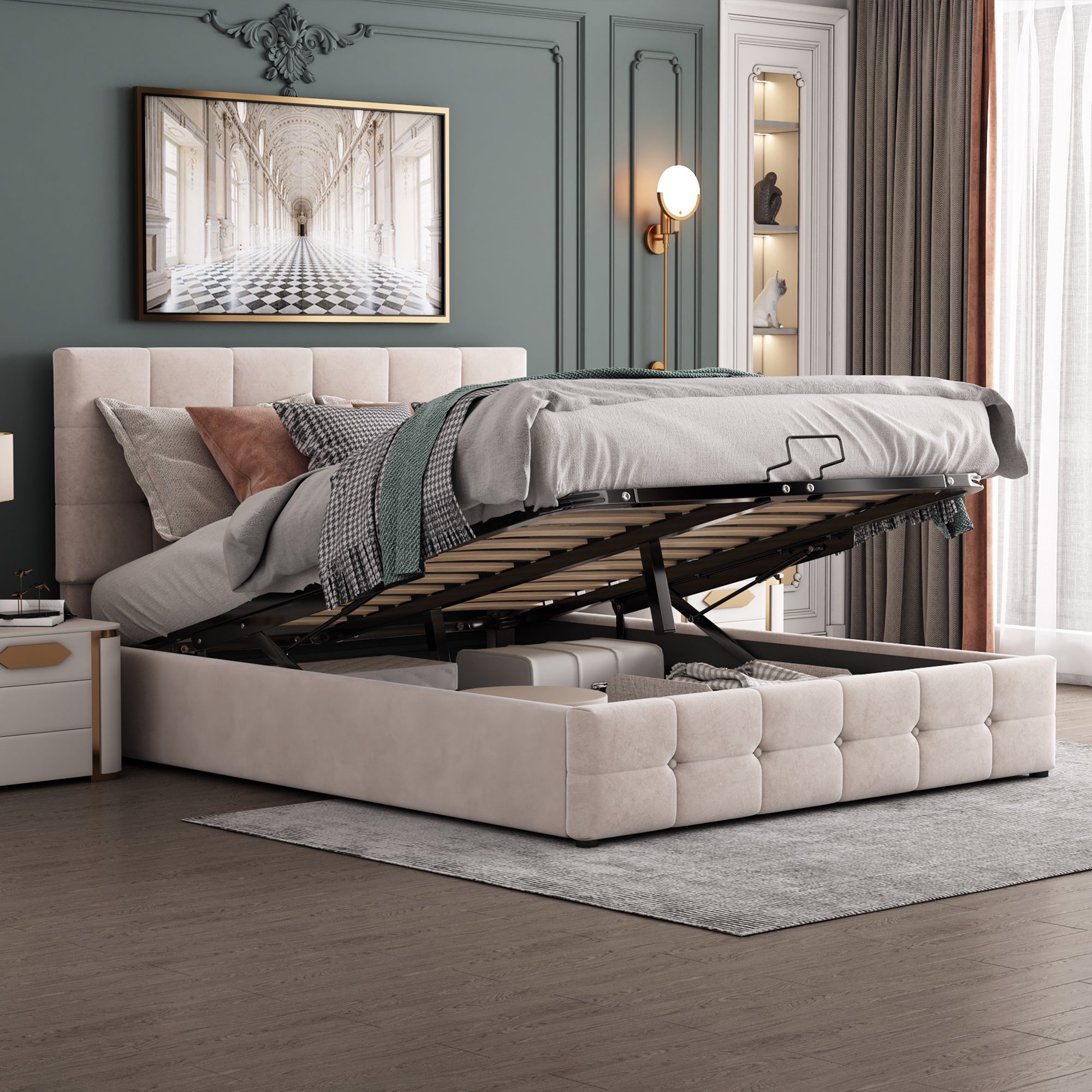 Upholstered Bed 140x200, Hydraulic Storage & Adjustable Headboard, Cream Velvet