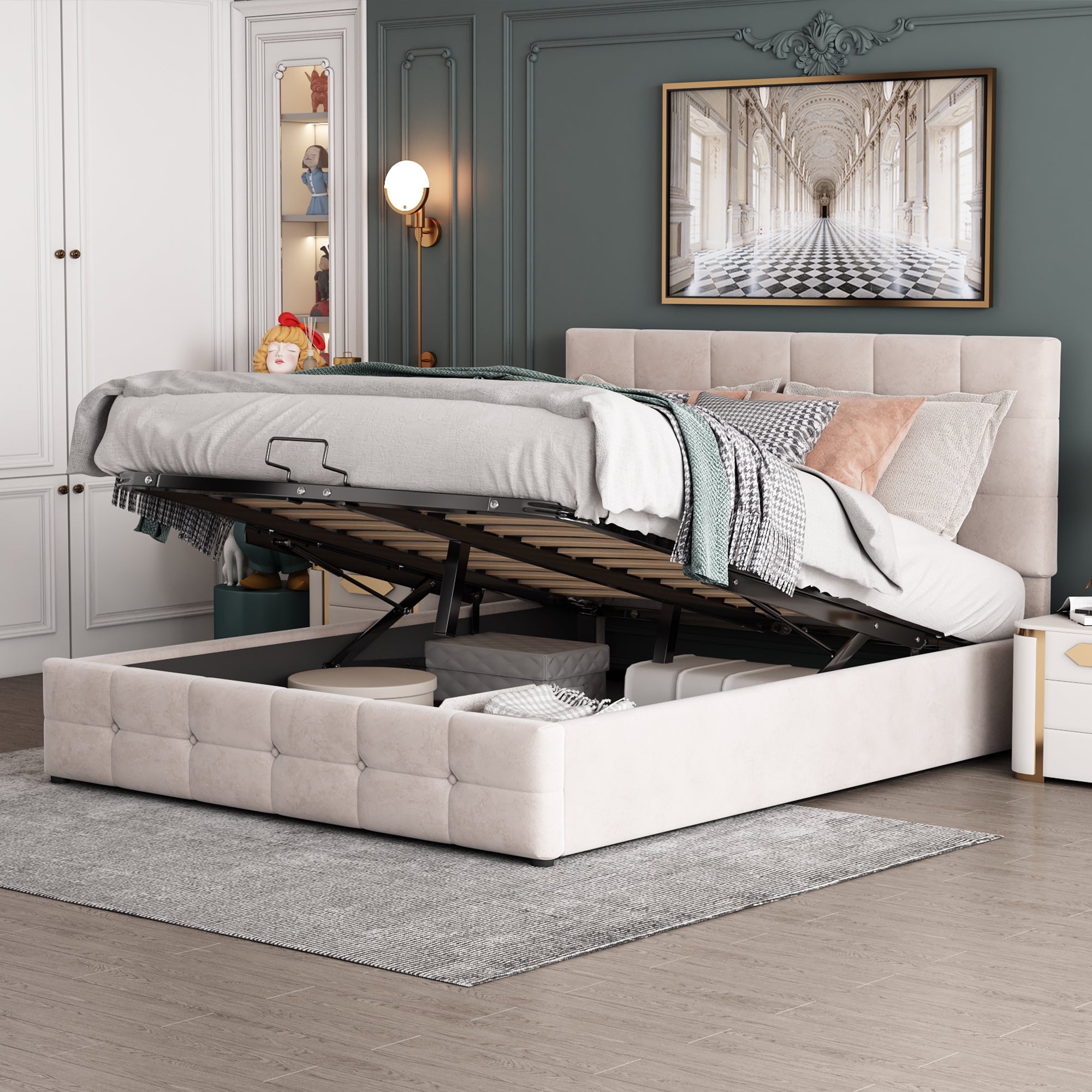 Upholstered Bed 140x200, Hydraulic Storage & Adjustable Headboard, Cream Velvet