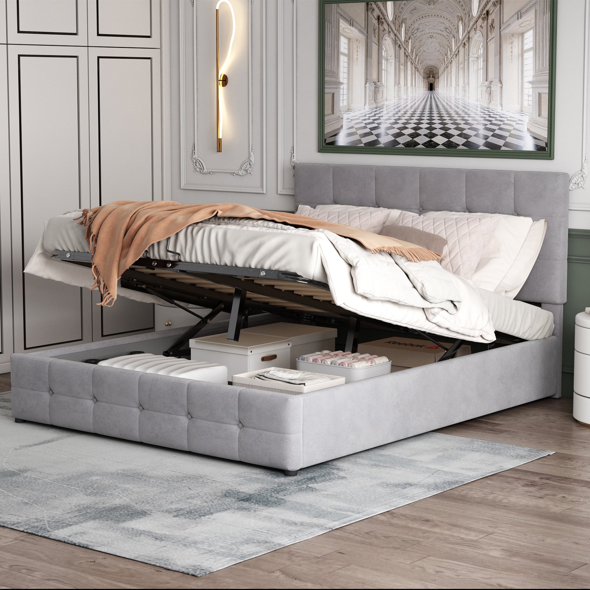 Upholstered Bed, 140x200 Double with Liftable Storage, Adjustable Headboard, Velvet Fabric Gray