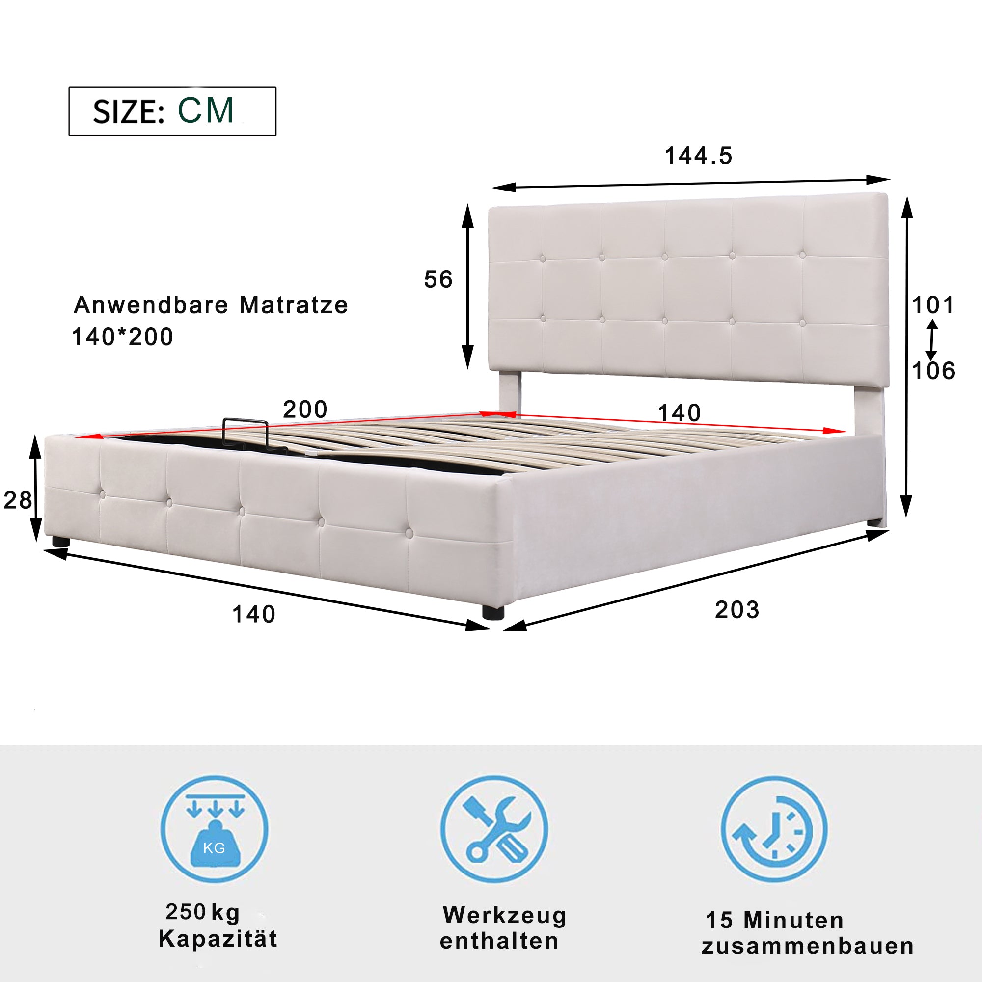 Upholstered Bed 140x200, Hydraulic Storage & Adjustable Headboard, Cream Velvet
