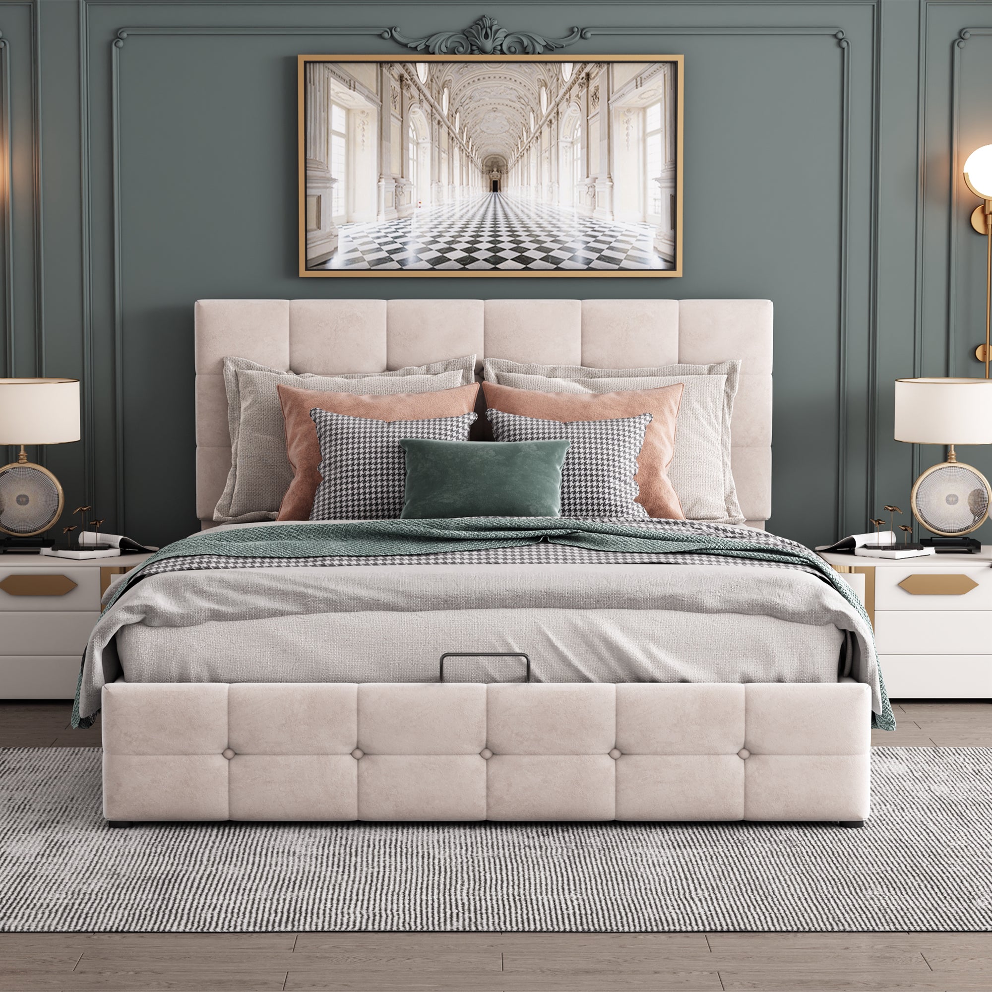 Upholstered Bed 140x200, Hydraulic Storage & Adjustable Headboard, Cream Velvet