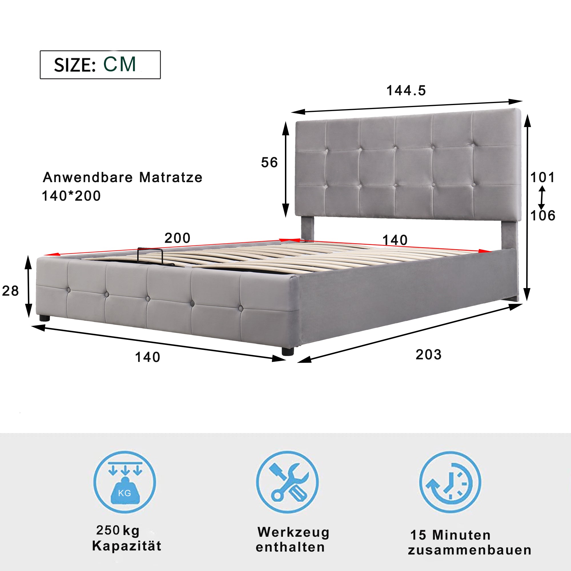 Upholstered Bed, 140x200 Double with Liftable Storage, Adjustable Headboard, Velvet Fabric Gray