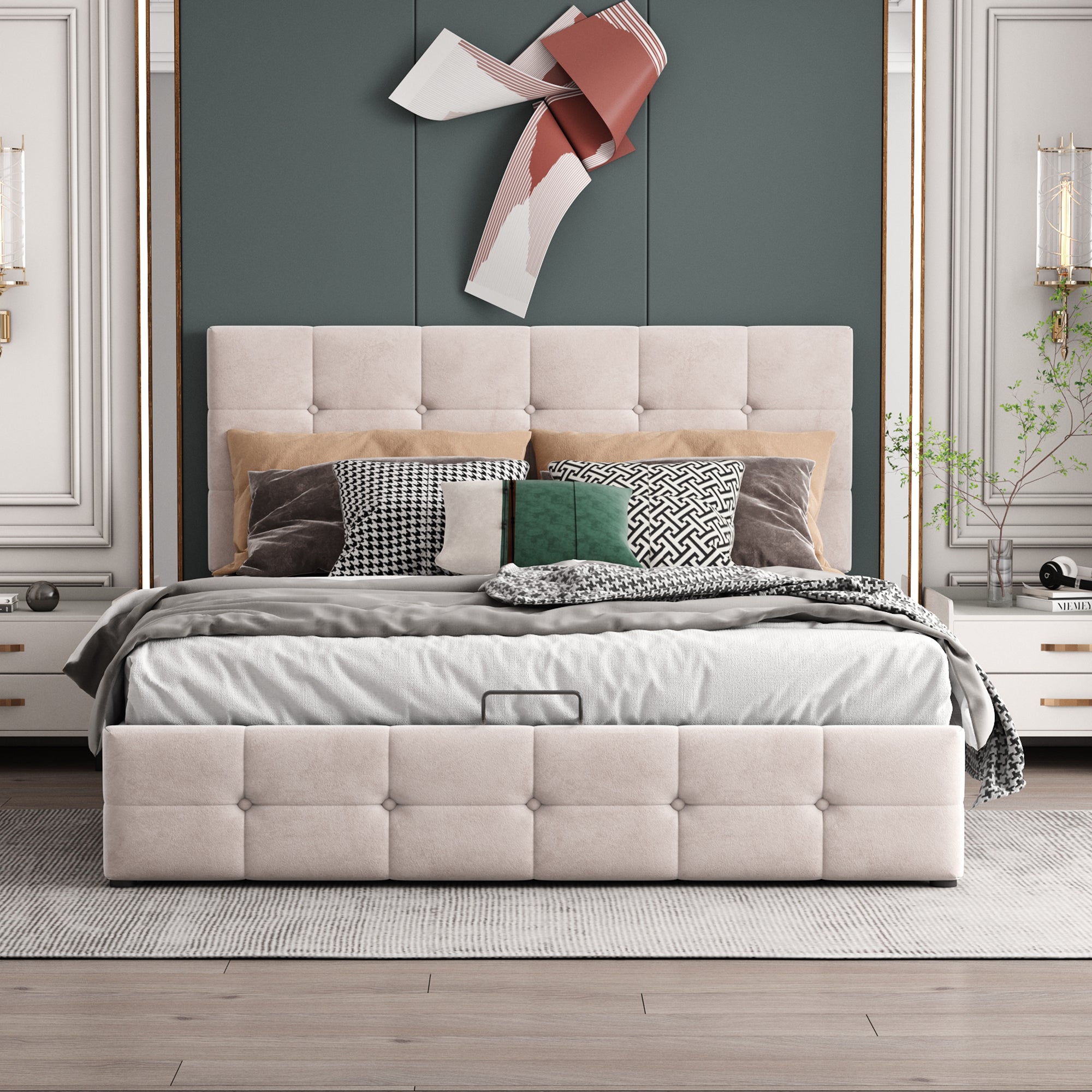 Upholstered Bed 140x200, Hydraulic Storage & Adjustable Headboard, Cream Velvet