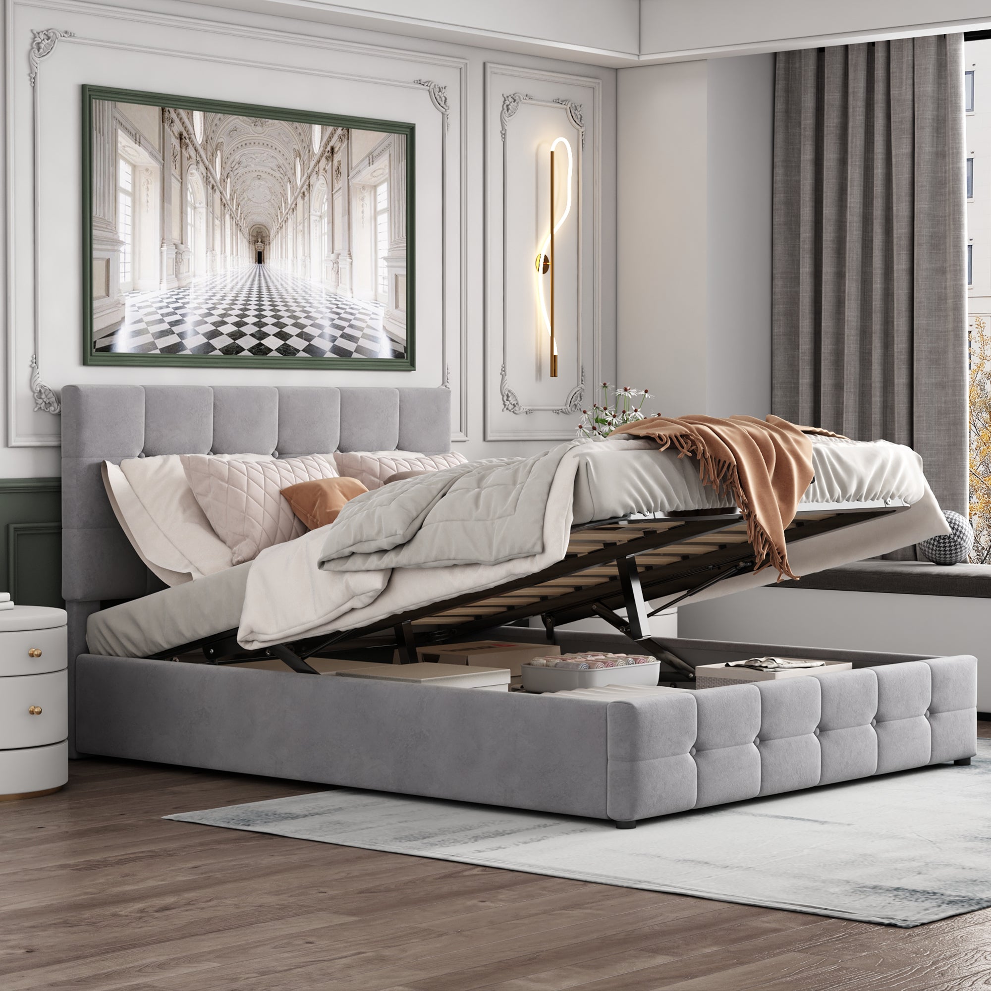 Upholstered Bed, 140x200 Double with Liftable Storage, Adjustable Headboard, Velvet Fabric Gray