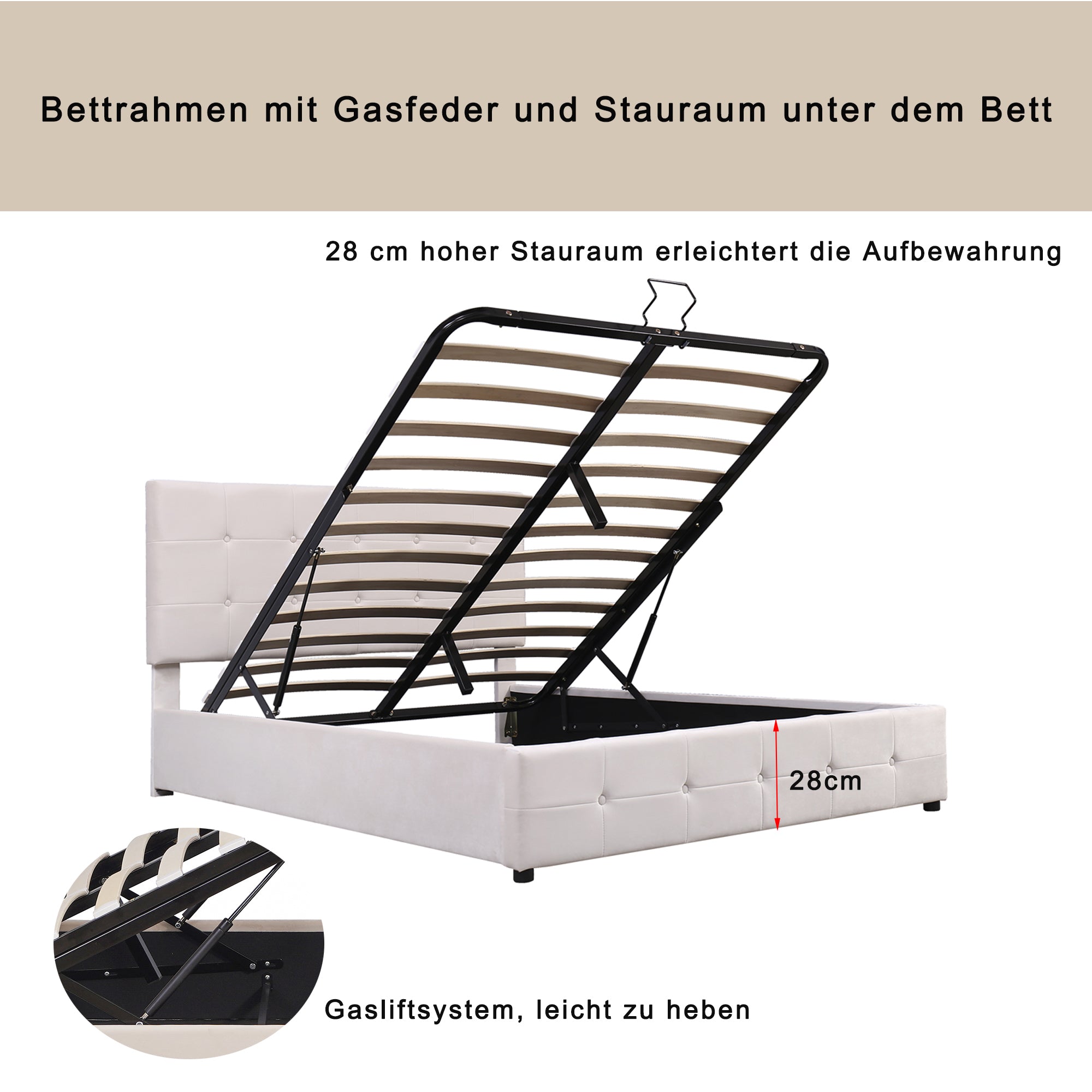 Upholstered Bed 140x200, Hydraulic Storage & Adjustable Headboard, Cream Velvet